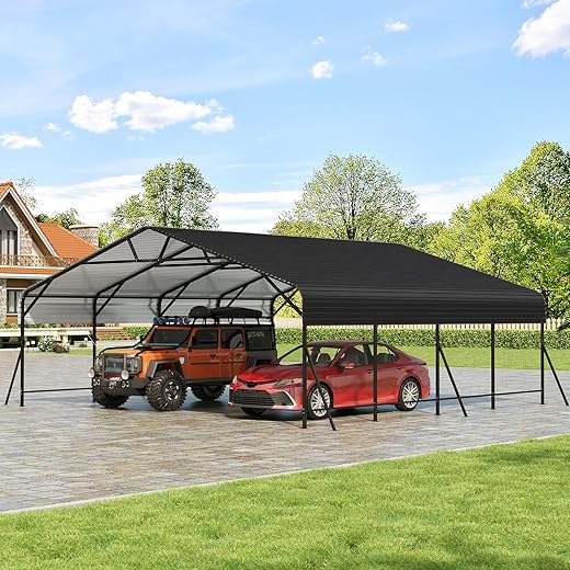 20x20x9FT Metal Car Port, Oversized Metal Garage with Steel Frame, Heavy Duty Carports for Car, Boats, Tractor