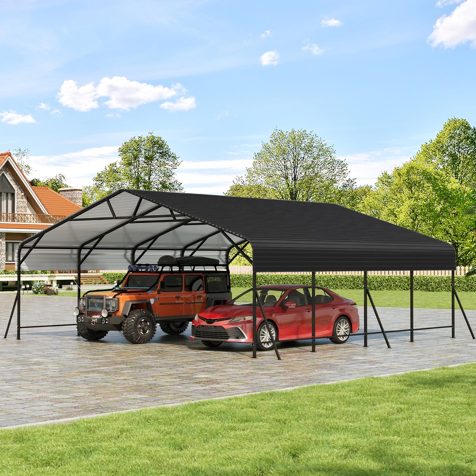Metal Carport, Oversized Metal Garage with Steel Frame for All Weather, 20x20x9FT Heavy Duty Carports for Car, Boats and Tractor