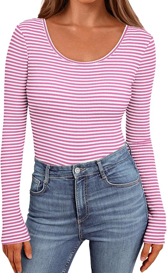AUTOMET Womens Long Sleeve Striped T-Shirts Scoop Neck Tops Basic Slim Fit Fall Fashion Trendy Outfits Clothes 2024