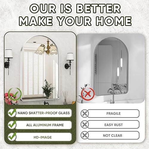 Miniatura 5 de Espejo de baño, espejo de pared de 24 x 36 pulgadas para baño, espejos arqueados, marco de metal cepillado, espejo de baño plateado para sala de