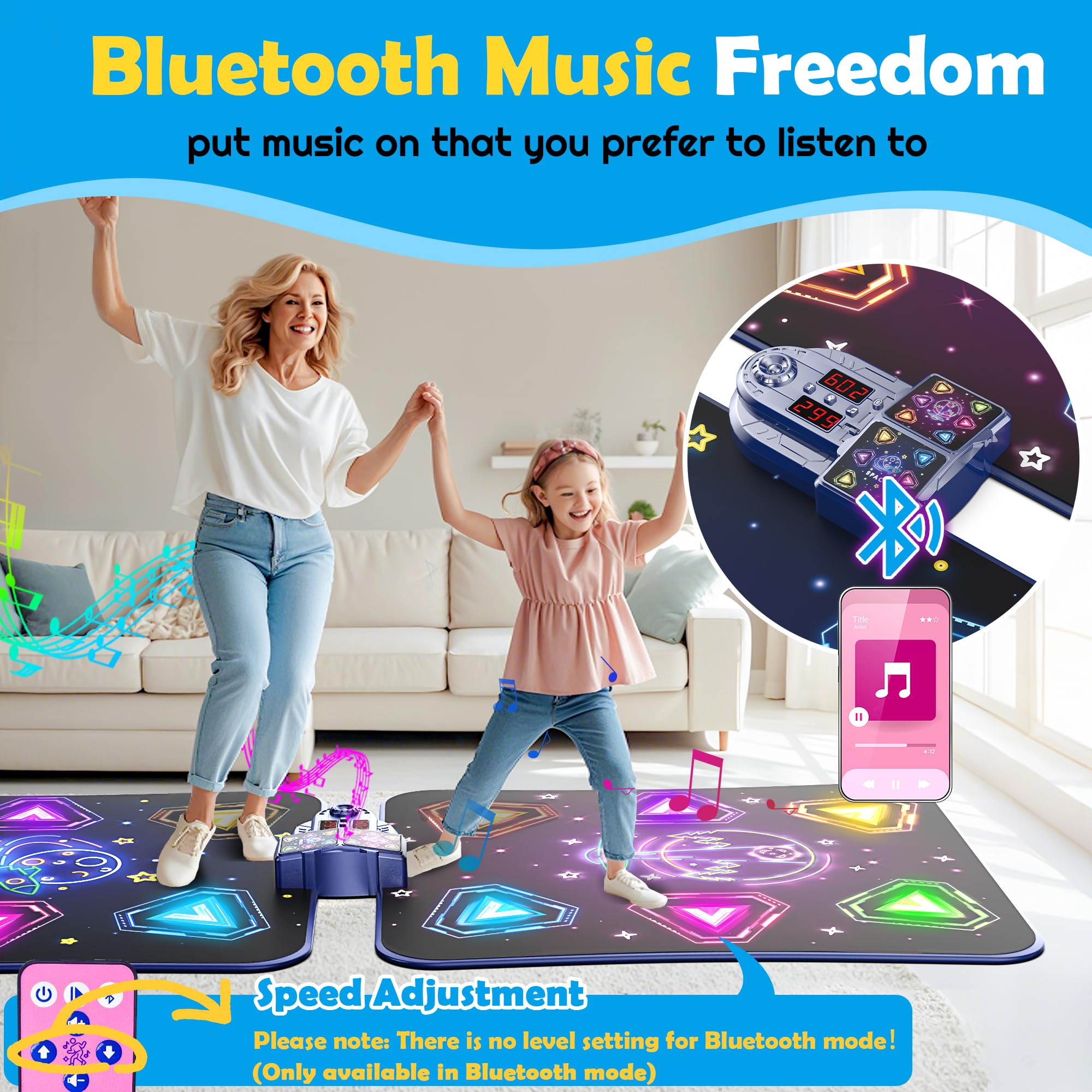 Alfombrillas de baile electrónicas dobles grandes, almohadilla de baile con luz LED y Bluetooth inalámbrico, juguete de baile musical con 6 modos de juego, juego de desafío para jugadores individuales 4