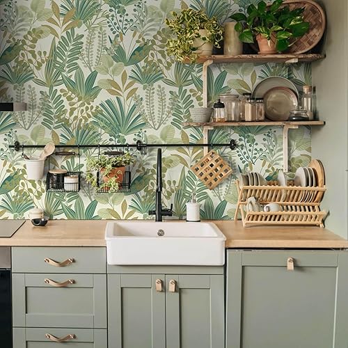 Vista 85 de Ismoon Papel tapiz verde para despegar y pegar, diseño bohemio floral y hojas en papel adhesivo grueso, papel adhesivo botánico oscuro, extraíble