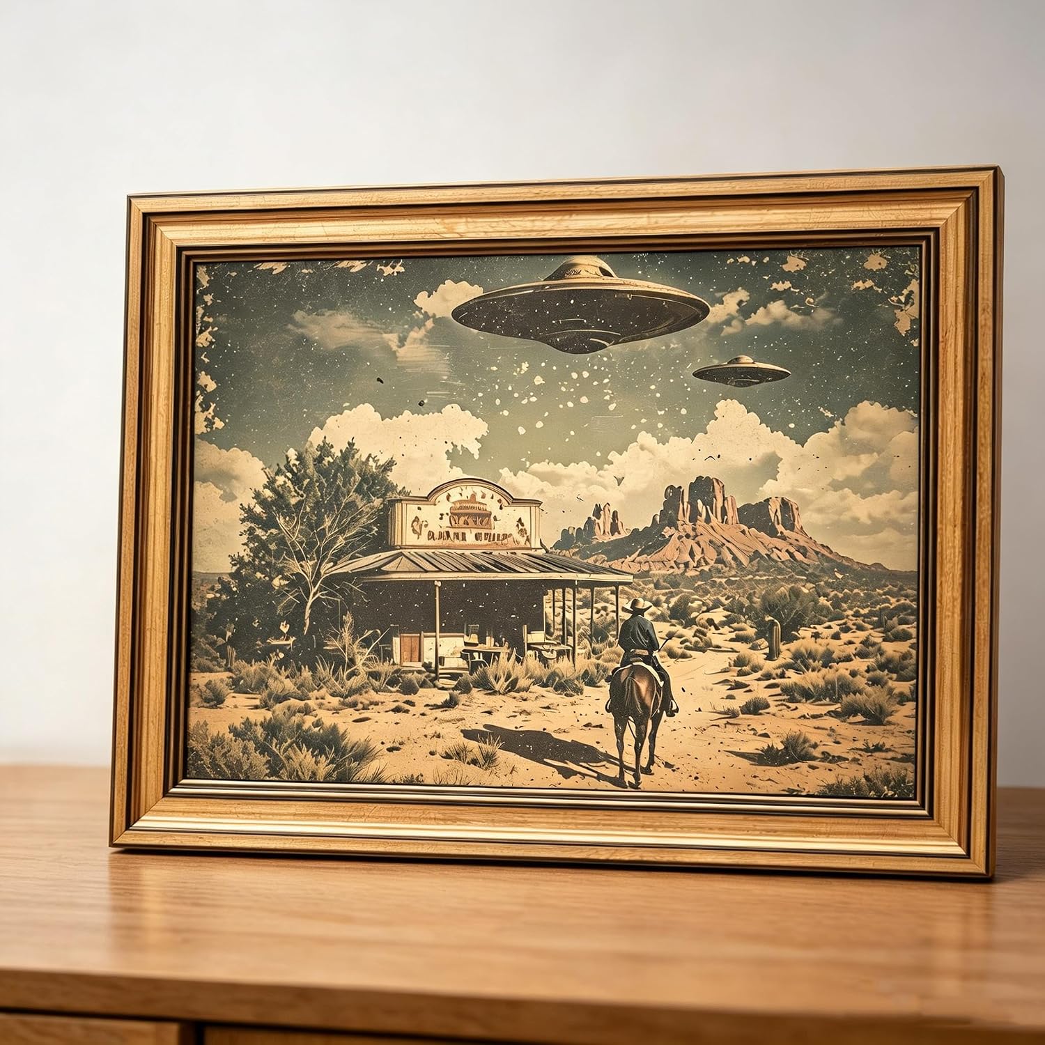 Gold Framed UFO Western Wall Art,Alien Cowboy Abduction 16x12 In image 5