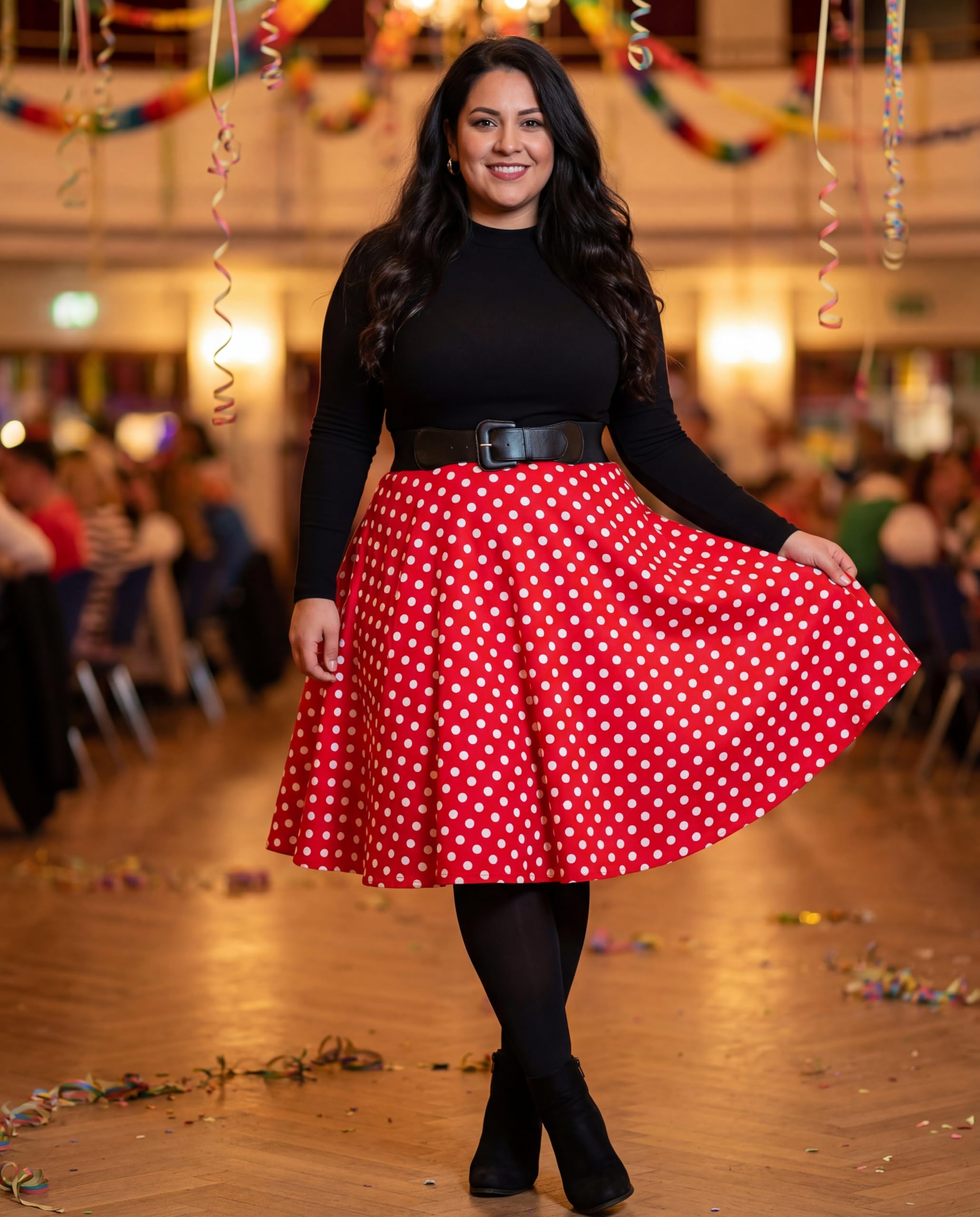 BlackButterfly Damen Swingrock Polka Dots Tellerrock | Gepunktet, Kontrastdruck, Gefüttert, Seitlicher Reißverschluss, Druckknopf, Knielang, Baumwolle, Größen XS-5XL
