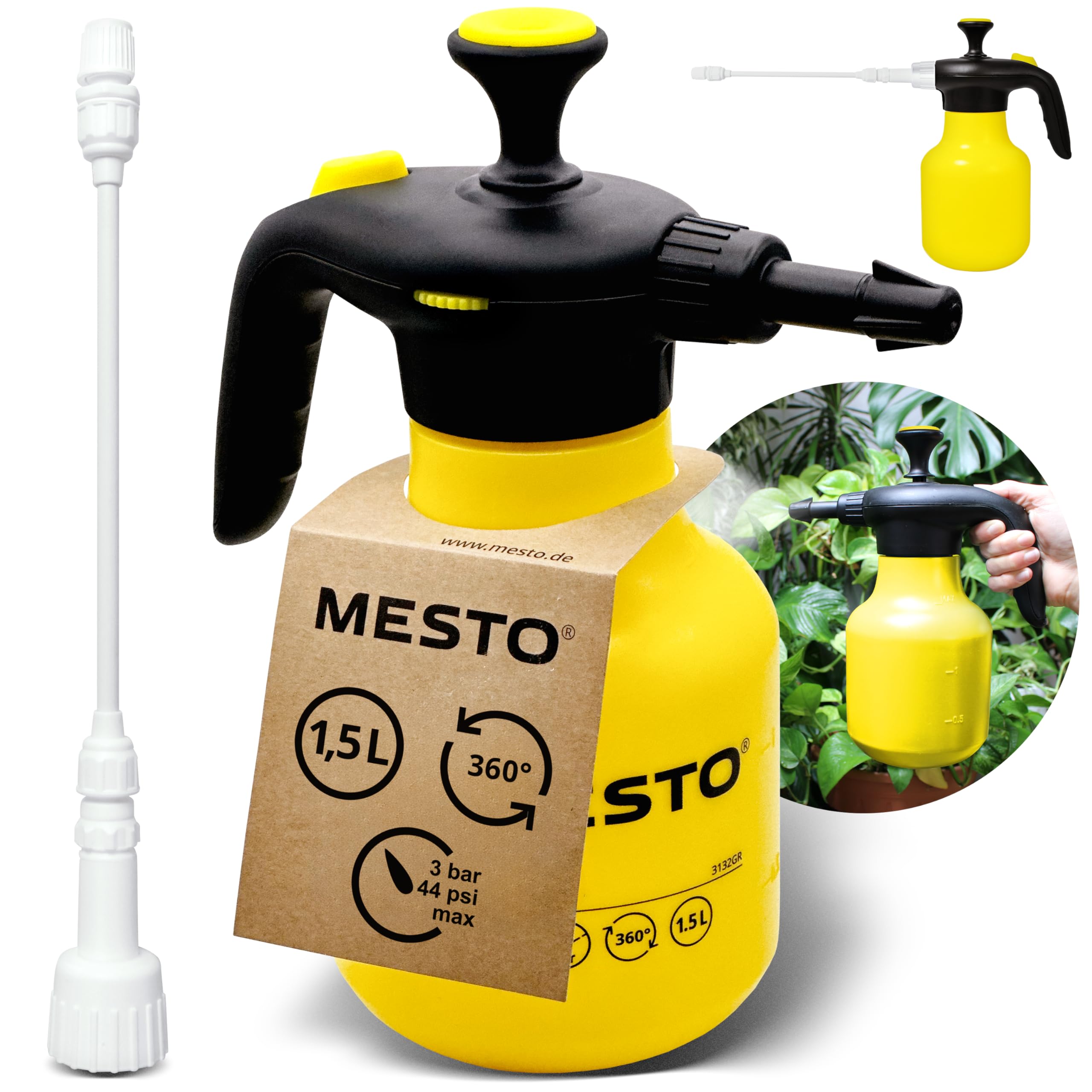 MESTO BUGSI 360° Drucksprüher 1,5L Set | Sprühflasche für Garten & Pflanzen | Pumpsprühflasche | Sprühgerät mit 2 in 1 Ventil | Pflanzensprüher | Verstellbare Düse