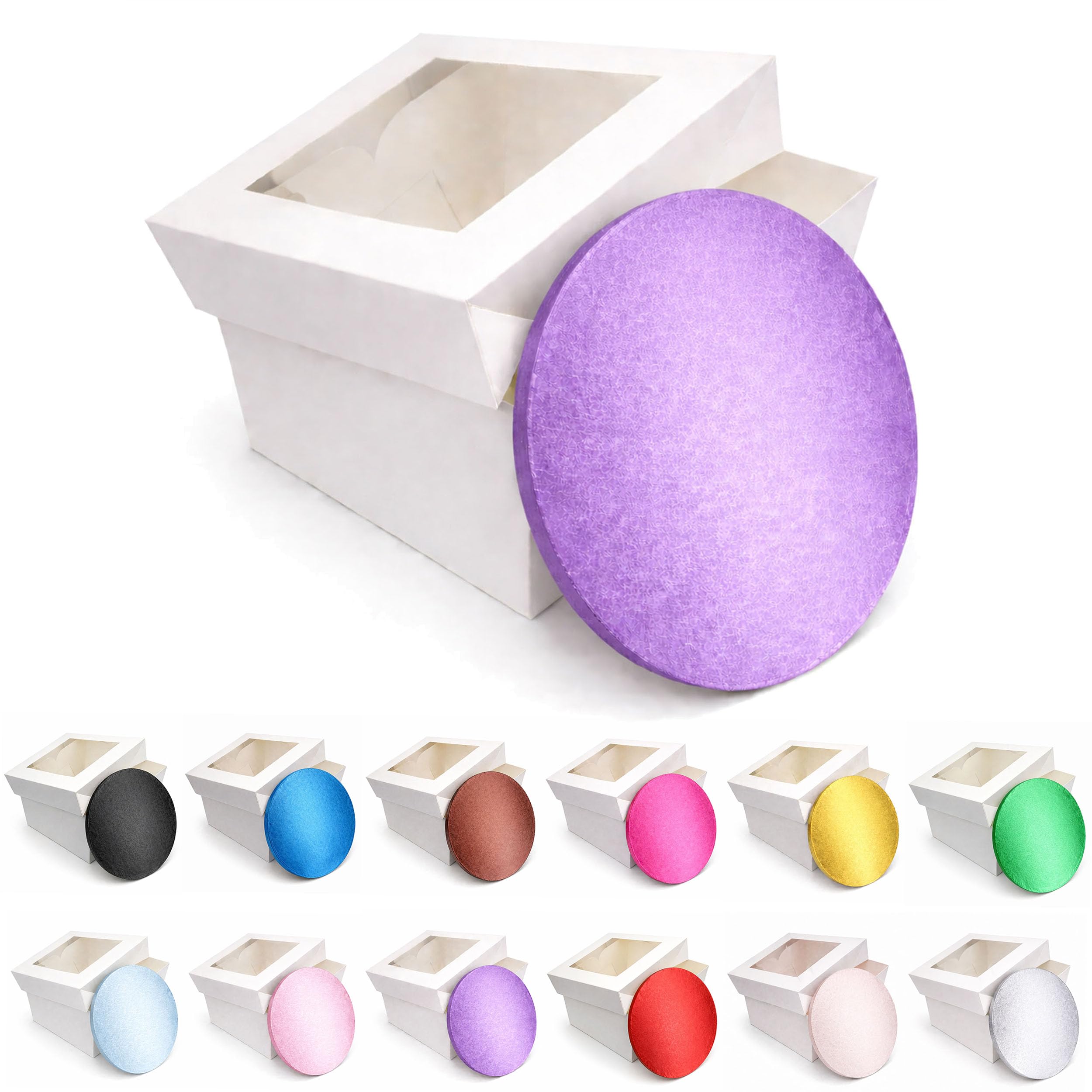 LARRYROO Round Colour Cake Drum Board & White Box with Clear Display Window + Lid Combo Pack for Wedding, Birthday Cakes (Purple, 14 Inch)