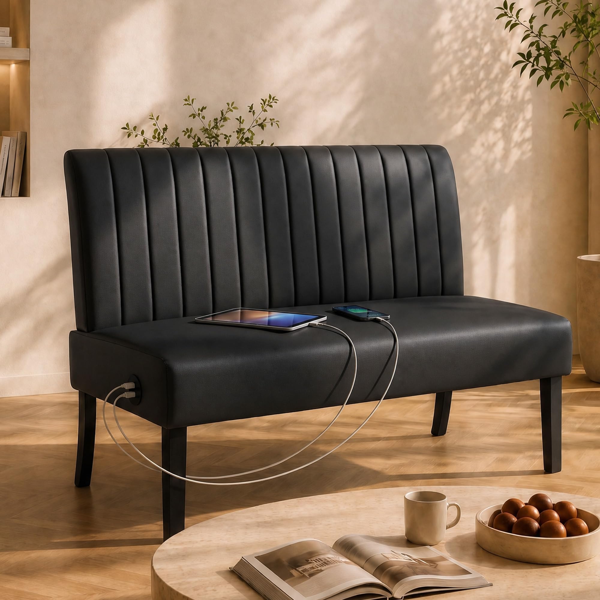 43'' Leather Armless Loveseat with USB, Compact Couch for Living Room
