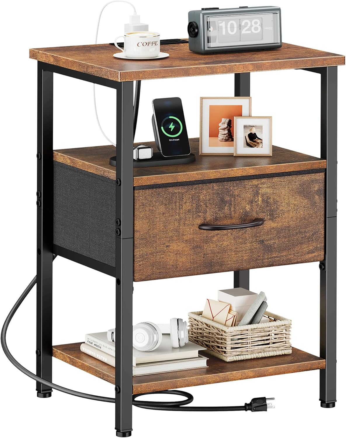 Vagusicc Nightstand with Charging Station, Bed Side Table with Adjustable Fabric Drawer, Night Stand for Bedroom, 3-Tier End Table with Storage Shelf for Living Room, Tall Bedside Table, Brown 23.8"H x 15.4"D x 11.5"W Rustic Brown 1