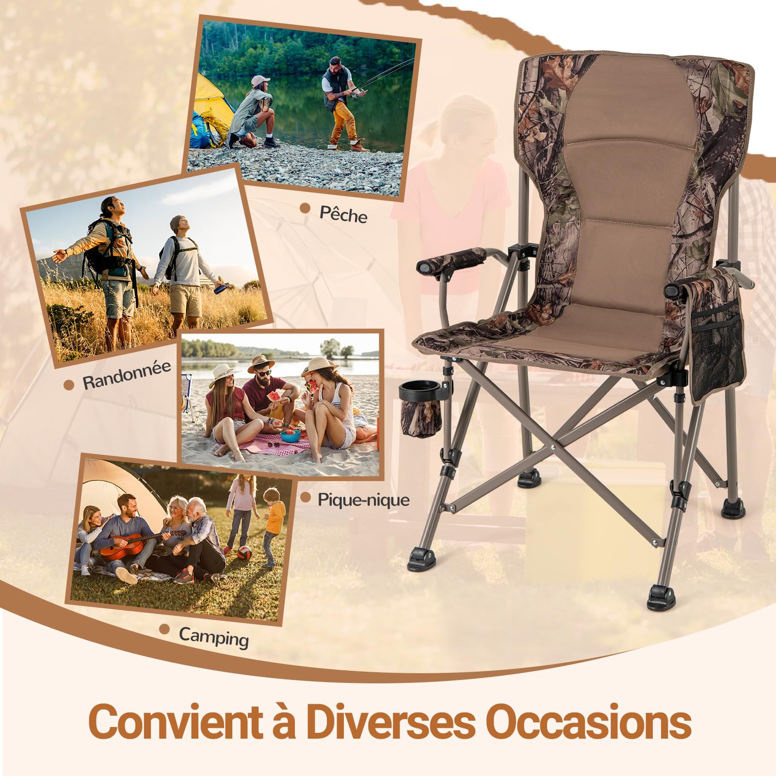 COSTWAY Chaise Pliante Camping, Chaise de Jardin Exterieur, Charge 180 kg, Sac de Transport, Porte-Gobelet, Poche de Rangement, Pieds Réglables, Fauteuil Pliant pour Camping Voyage Pêche, 67 × 62 × 10