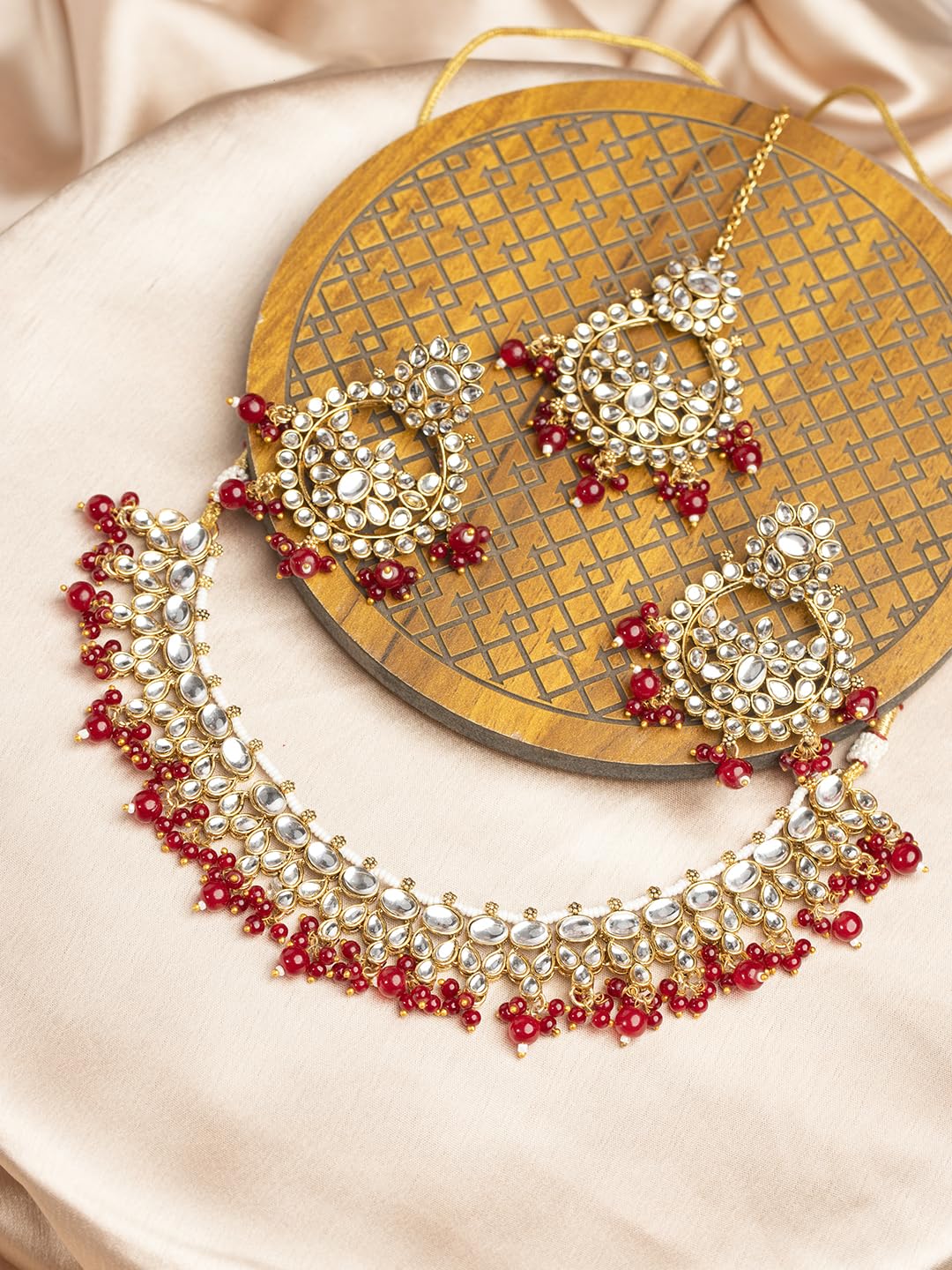 Gold Plated Kundan Red Beaded Jewellery Set with Maangtika