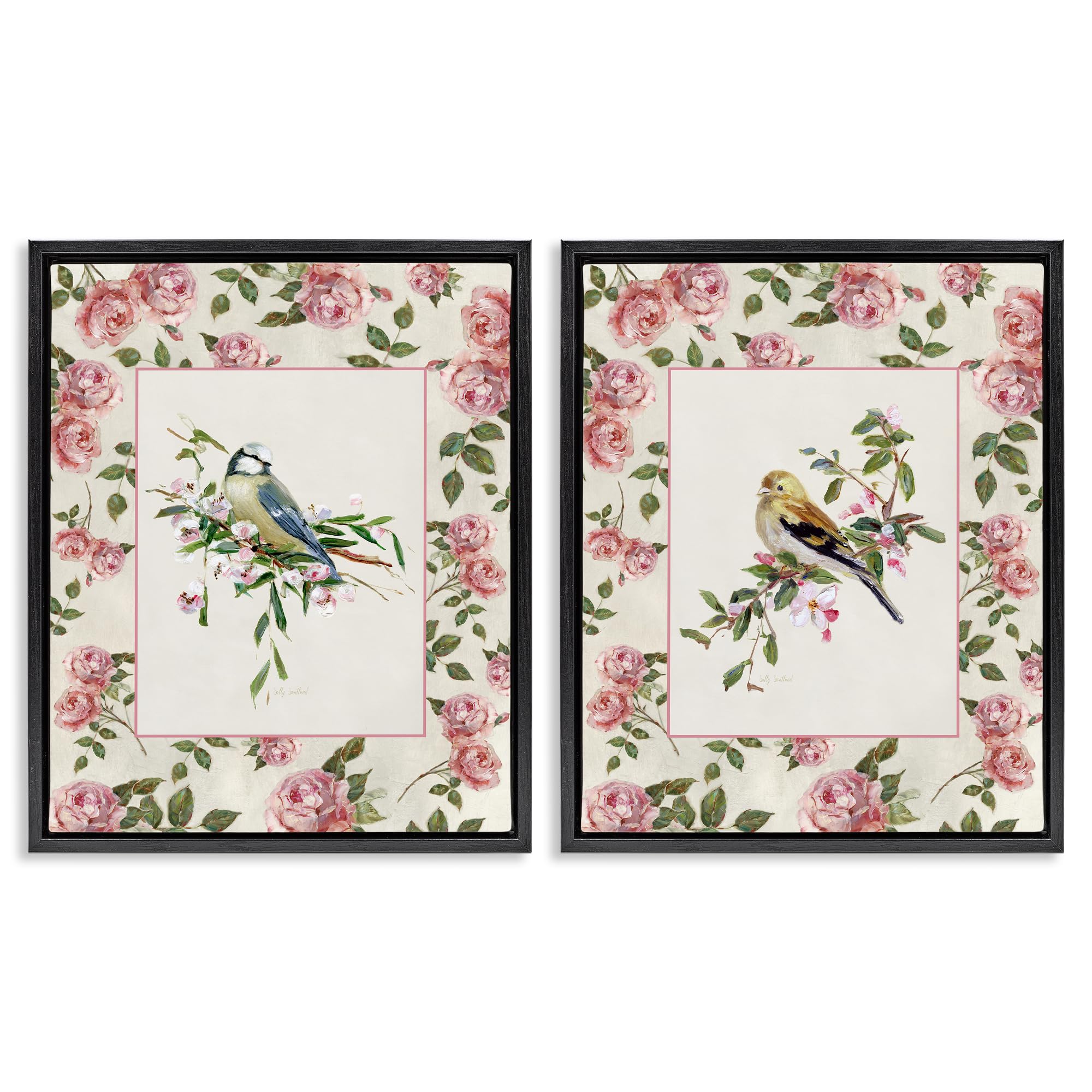 Dainty Roses and Birds Floral, 16 x 20 Inch Canvas in Floater Frame Set