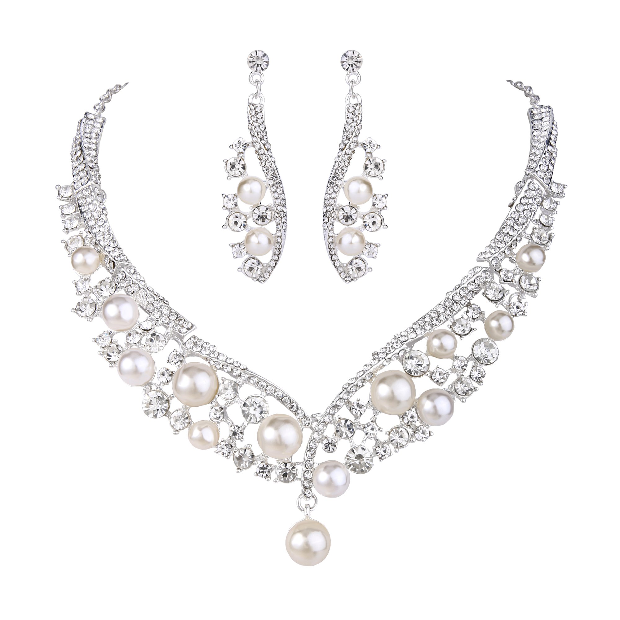 Clearine mujeres boda nupcial cristal crema Perla racimo con cuentas collar llamativo pendientes colgantes conjunto de joyas tono plateado claro