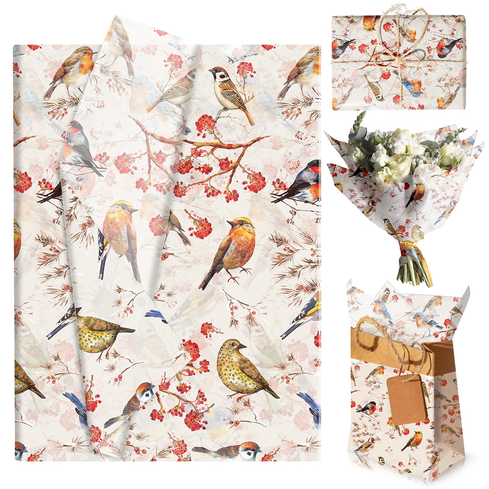 50 Sheets Flower Bird Tissue Paper for Gift Wrapping, 35x50cm Tissue Paper Bulk for Gift Bags, Gift Packing Paper Wrapping Paper Sheets for Crafts DIY Art Wedding Birthday Baby Shower Party Favor