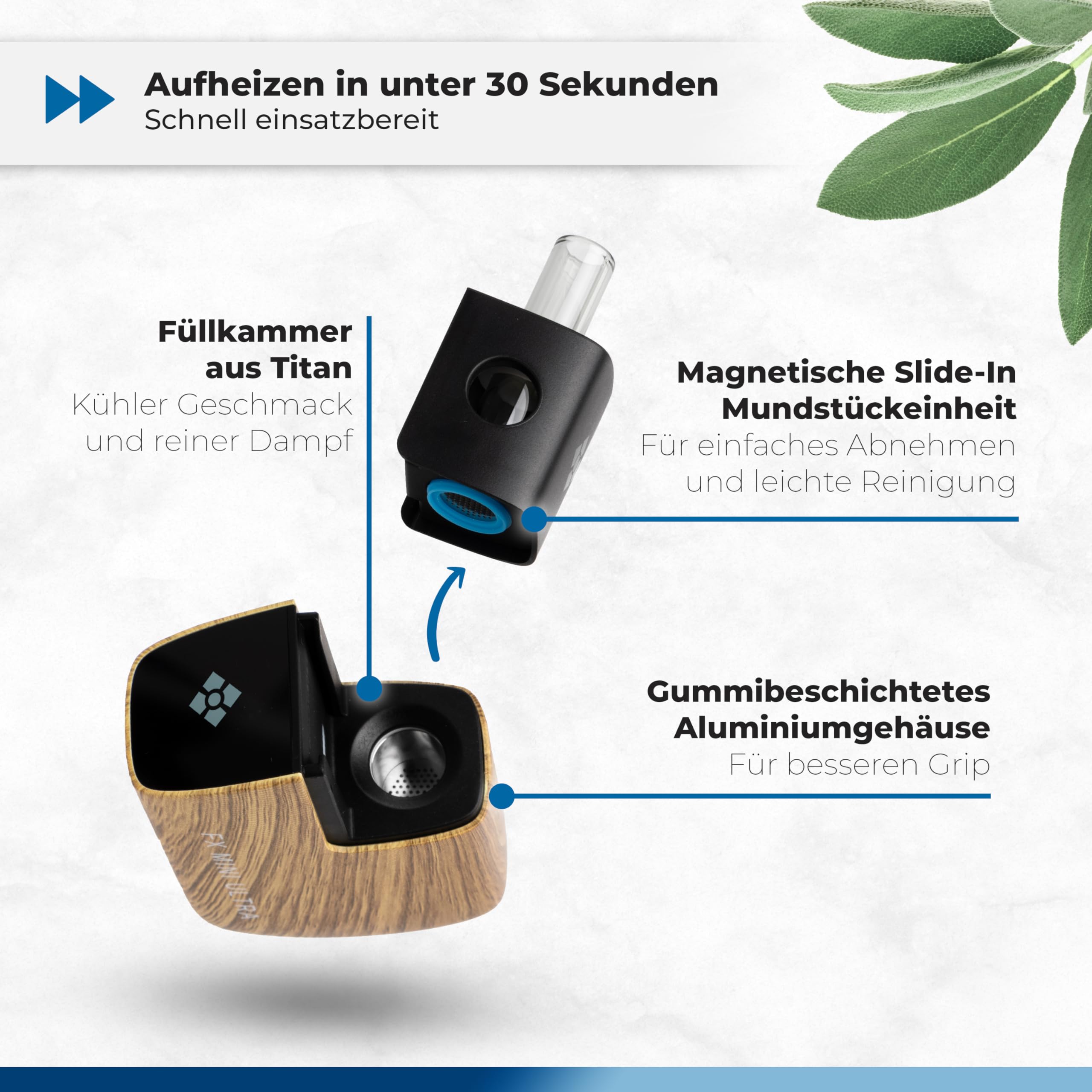 WOLKENKRAFT FX MINI ULTRA Premium Vaporizer *Holzoptik* | Für Kräuter & Extrakte | USB-C | magnetisches Mundstück | Titankammer | 100 - 220 °C | 3 - 5 Min. Timer | 100% Konvektion