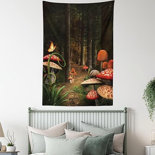 Miniatura 5 de Ambesonne Tapiz de hongos, hongos en bosque oscuro profundo, fantasía natural, camino de la tierra, colgante de pared para dormitorio, sala de