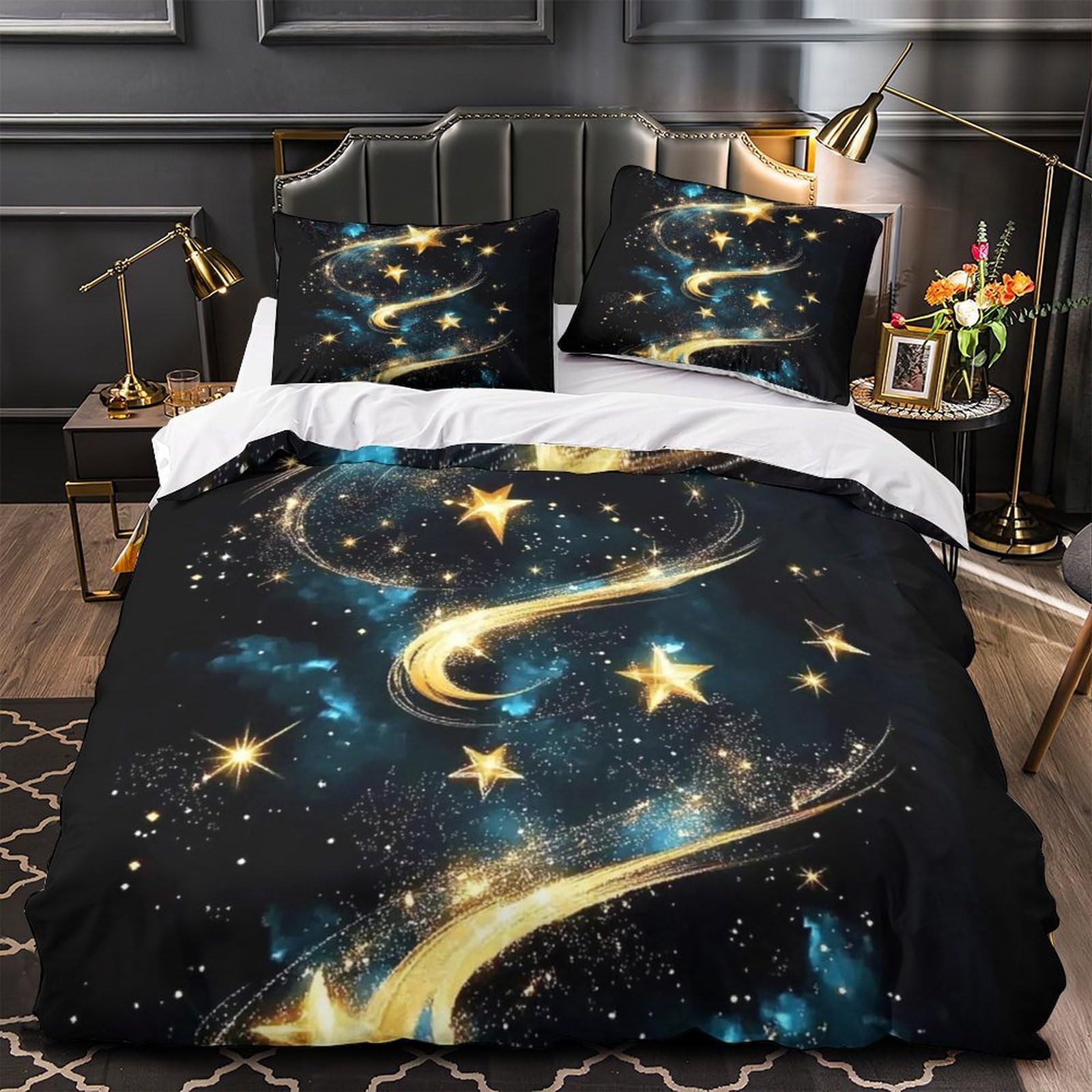 MMDASBVPE Golden Stars Swirl Comforter Cover 3D Print Hotel Quality 3-Piece Bed Set Hidden Zipper Duvet Cover Extra Soft Anti-allergic for Adults Women Kids Girls Boys Teens Double（200x200cm）