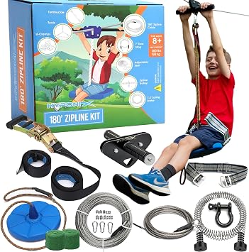 Zipline Kit for Kids and Adults 100/120/150/200ft Max 350lb Rust Proof Stainless Steel Quick Setup with Ratchet Safety Harness, Backyard Adventure Fun with Climbing Hold |  &