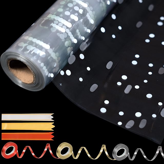 Cellophane Wrap Roll (30M x 80cm - Folded) 3.5Mil Thick with 3 Ribbons & 15 Pull Bows  Food Grade, Dotted Patterned Clear Cellophane Wrap for Hampers, Food, Christmas Gifts, Flowers, Treats & Crafts