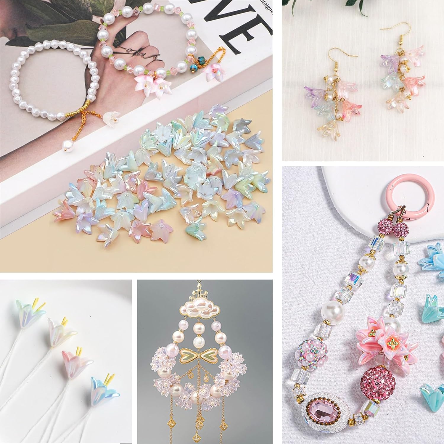130Pcs Acrylic Trumpet Flower Beads for Jewelry Making AB Lily Flower Bead Caps Pastel Floral Beads for Earrings Necklace Bracelet DIY Craft Accessories Keychain(White) - Image 5