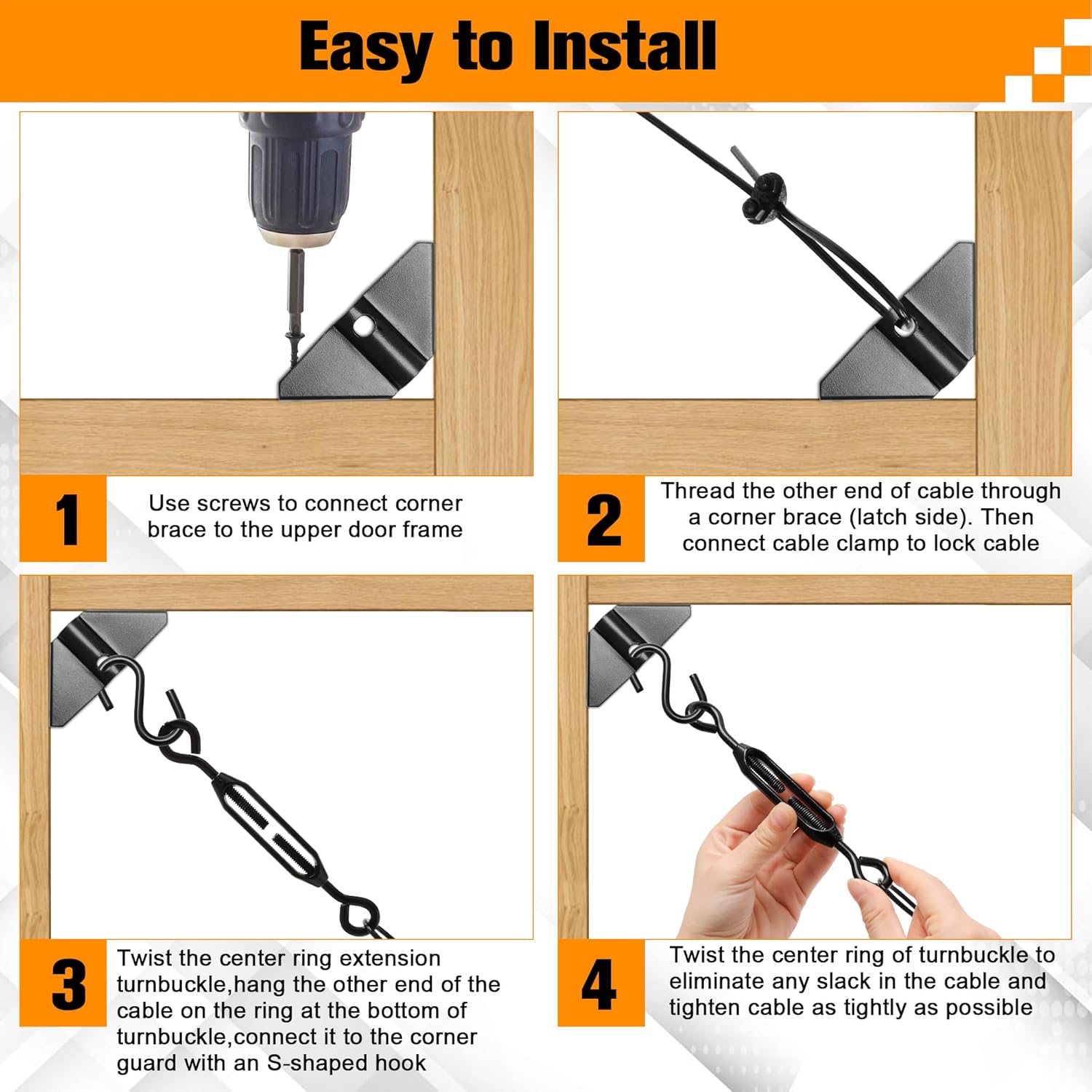 Hardware Anti Sag Gate Kit, Waterproof Coating Zinc Steel Anti-Sag Gate Support Cable Kit for Outdoor Gate Black Repair Kit for Wood Fence Includes Turnbuckle, Hooks, Heavy Cable, Screws