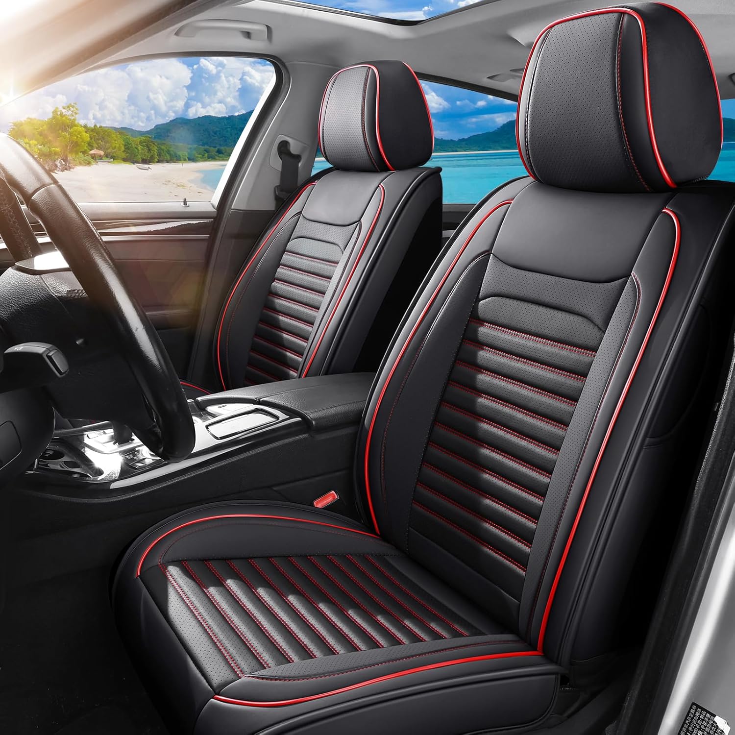 Car Seat Covers Full Set Fit for Acura MDX 2001-2026, Premium Faux Leather Car Seat Protector,Breathable Anti-Slip Full Wrapping Edge Seat Covers(Black&Red,Full Set)