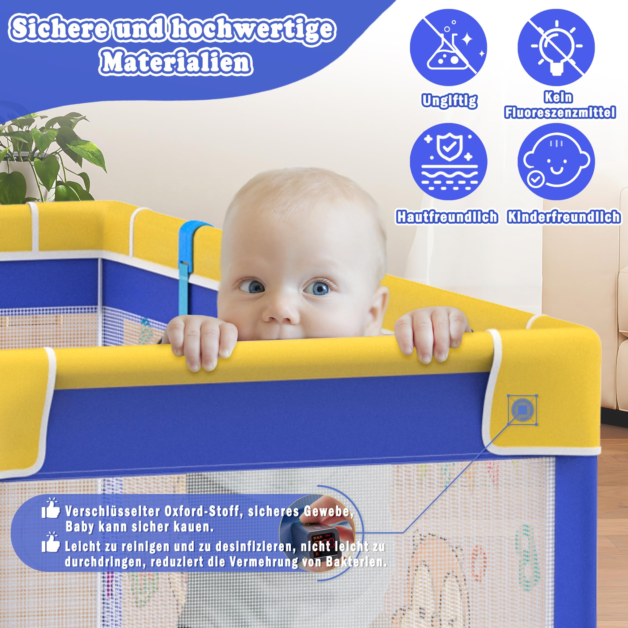 UISEBRT Parc pour bébé 180x200cm avec 50 balles océaniques & 4 anneaux de traction & sac de transport, parc pliable avec filet respirant pour enfants, bleu avec motifs animaux