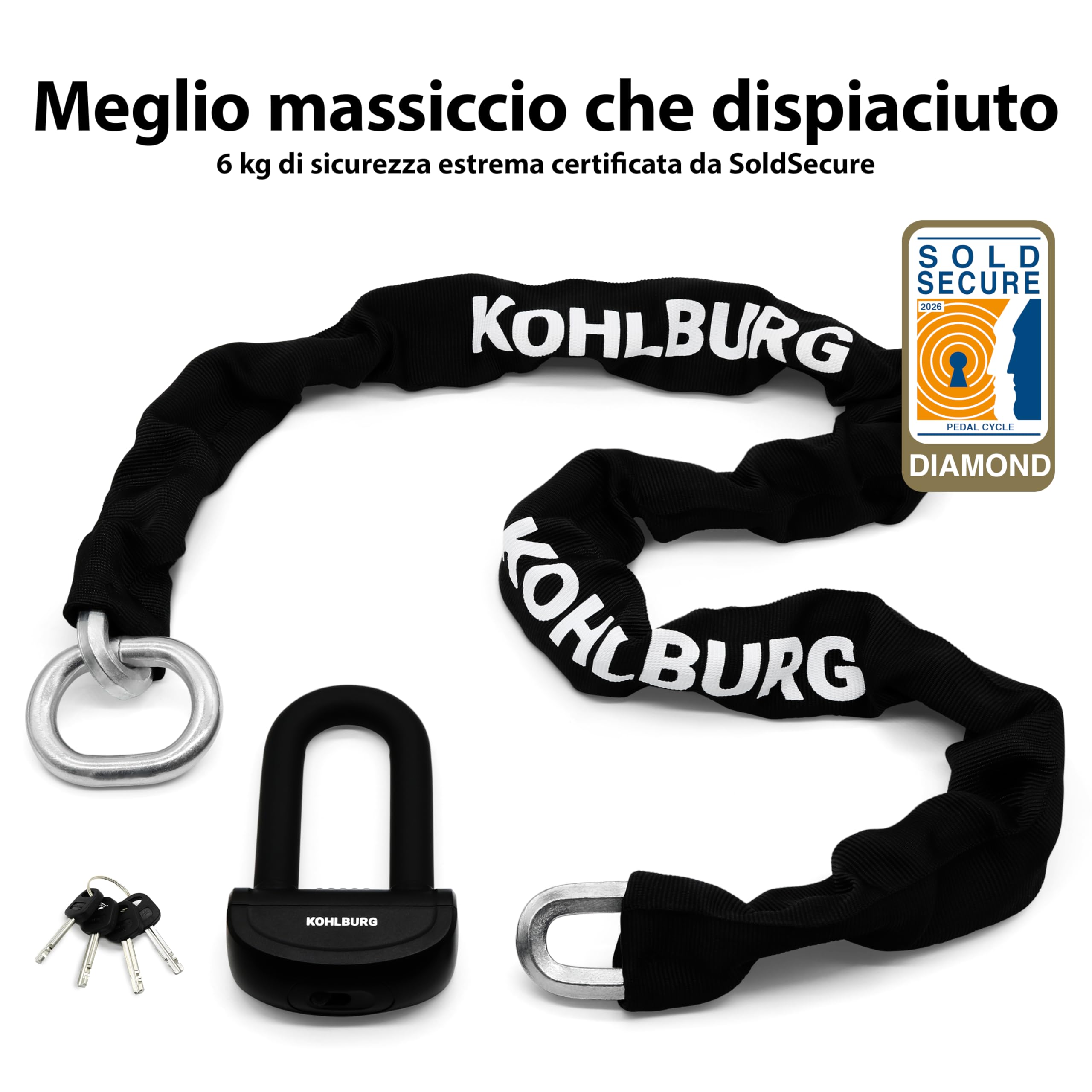 KOHLBURG catena antifurto massiccia per moto 6 kg, 150 cm di lunghezza, livello di sicurezza più alto 15+ su 15, catena in acciaio da 13 mm super robusta come antifurto per moto, scooter e e-bike