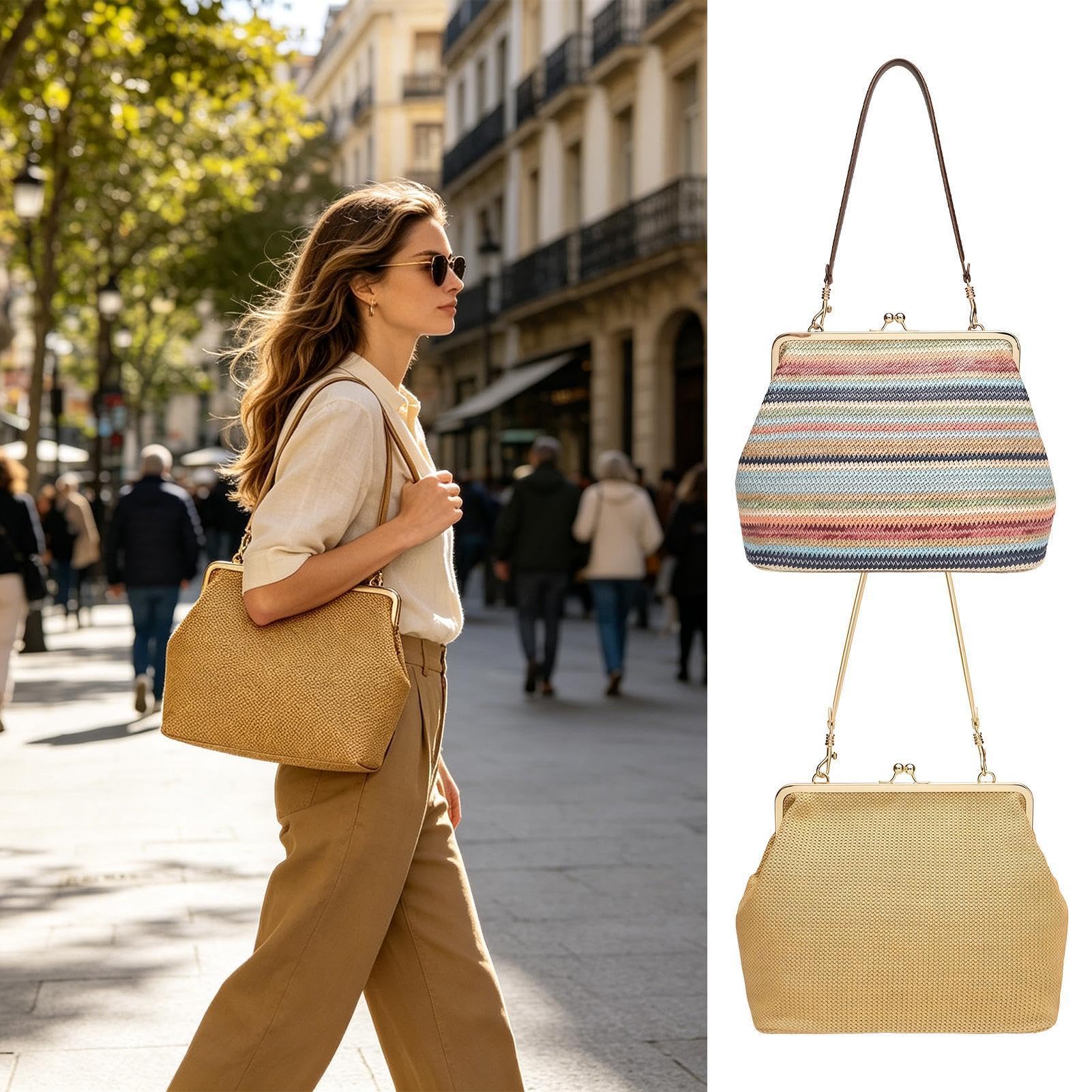 Genérico Bolso Tote Paja Pack Estilo Vintage Con Cierre Beso