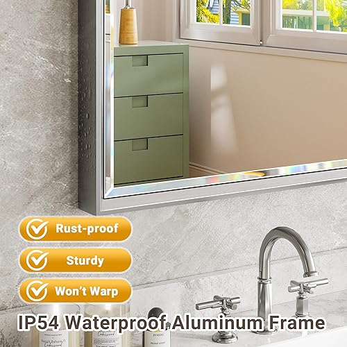 Miniatura 5 de Espejo de baño plateado, espejo de baño biselado de 16 x 24 pulgadas para pared, espejo rectangular con marco plateado inoxidable para tocador de