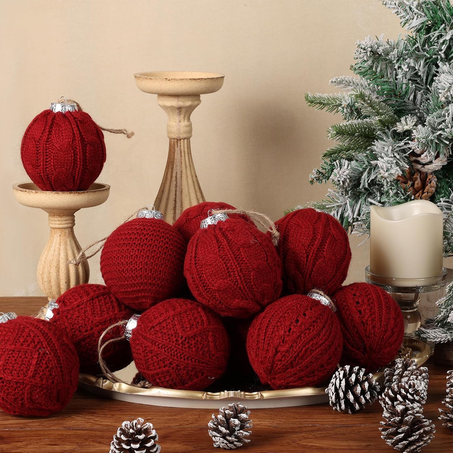 15-Pack Neutral Christmas Ornaments Crochet Christmas Balls - Handmade Style Yarn Ornaments,3.15 inch Knitted Cotton Baubles for Rustic Farmhouse Holiday Xmas Gift Decor (Red)