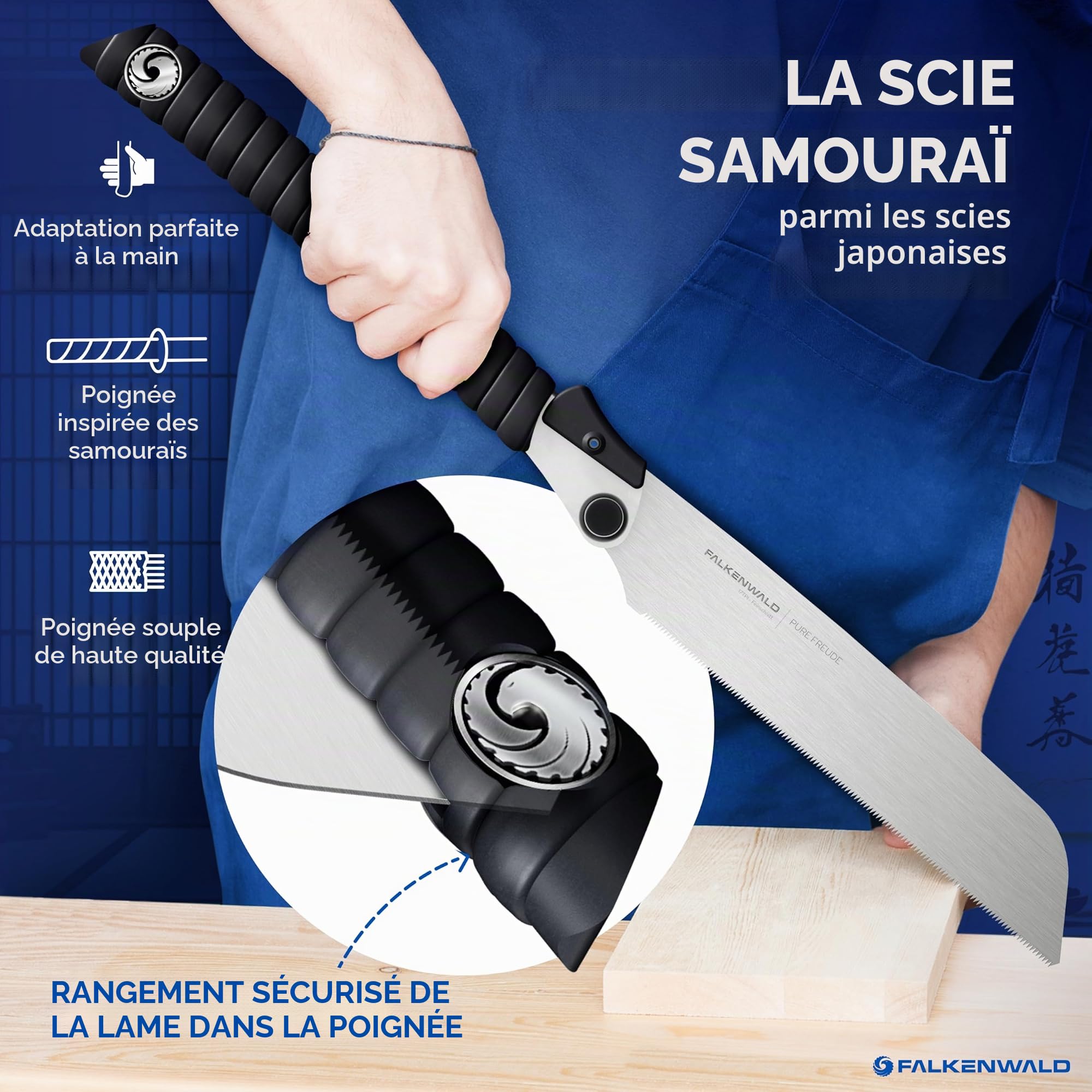 Falkenwald Scie japonaise pliable - Scie à bois + 2 lames de scie 7TPI, 17TPI + sac - Idéal pour le traitement du bois - Scie à main pour coupe transversale et longitudinale - Outils de travail du