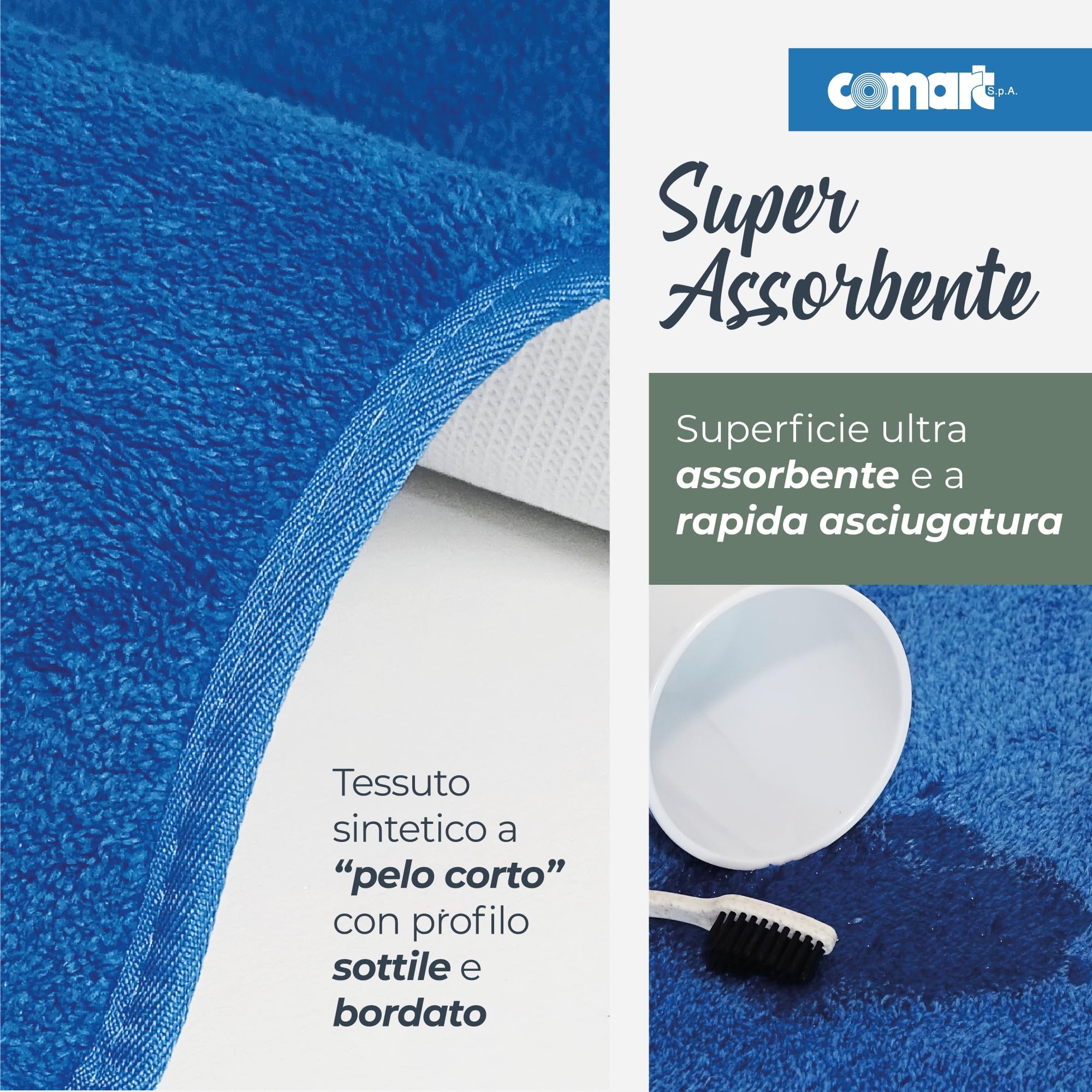 Comart - Set Tappeti Bagno Tahiti - Tris Tappetini Assorbenti: 1 Rettangolare 45x75 cm + 2 Giro Water 45x37.5 cm - Asciugatura Rapida - Salvaspazio - Antiscivolo - Lavabile in Lavatrice - Azzurro