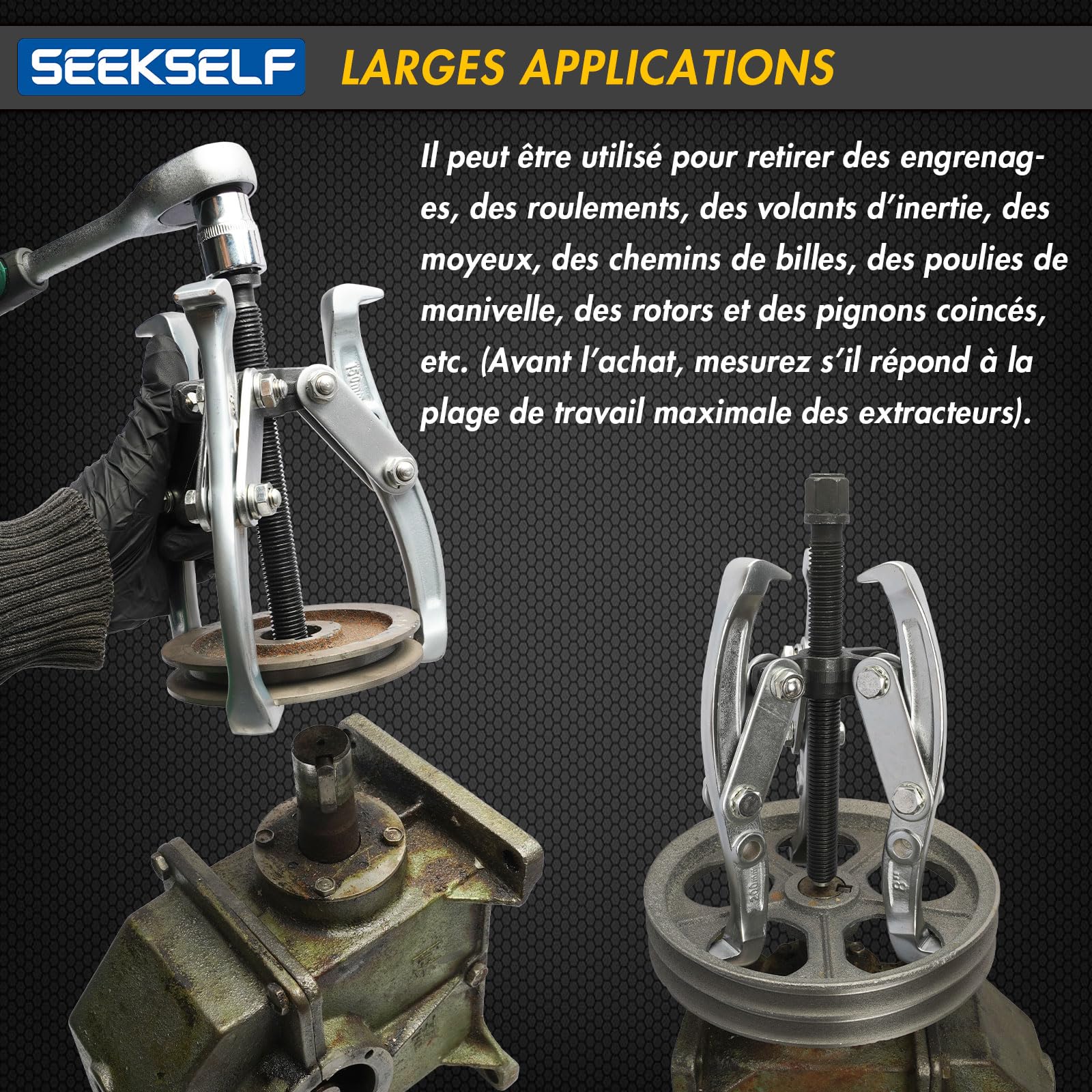 Ensemble d'extracteur de roue 3" 4" 6" 8", Kit d'extracteur de roulement 2-griffes/3-griffes avec clé dynamométrique, outil de traction robuste, griffes réversibles pour l'enlèvement de