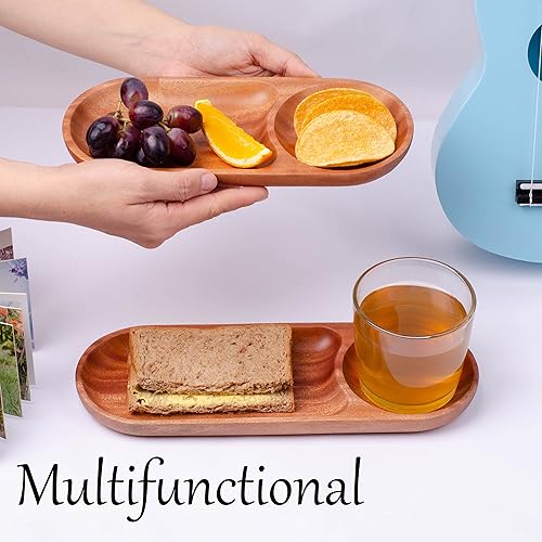 Miniatura 4 de VieWood Bandeja de madera para servir, platos de madera de 2 compartimentos, platos de madera para bebidas, magdalenas, sushi, comida y decoración
