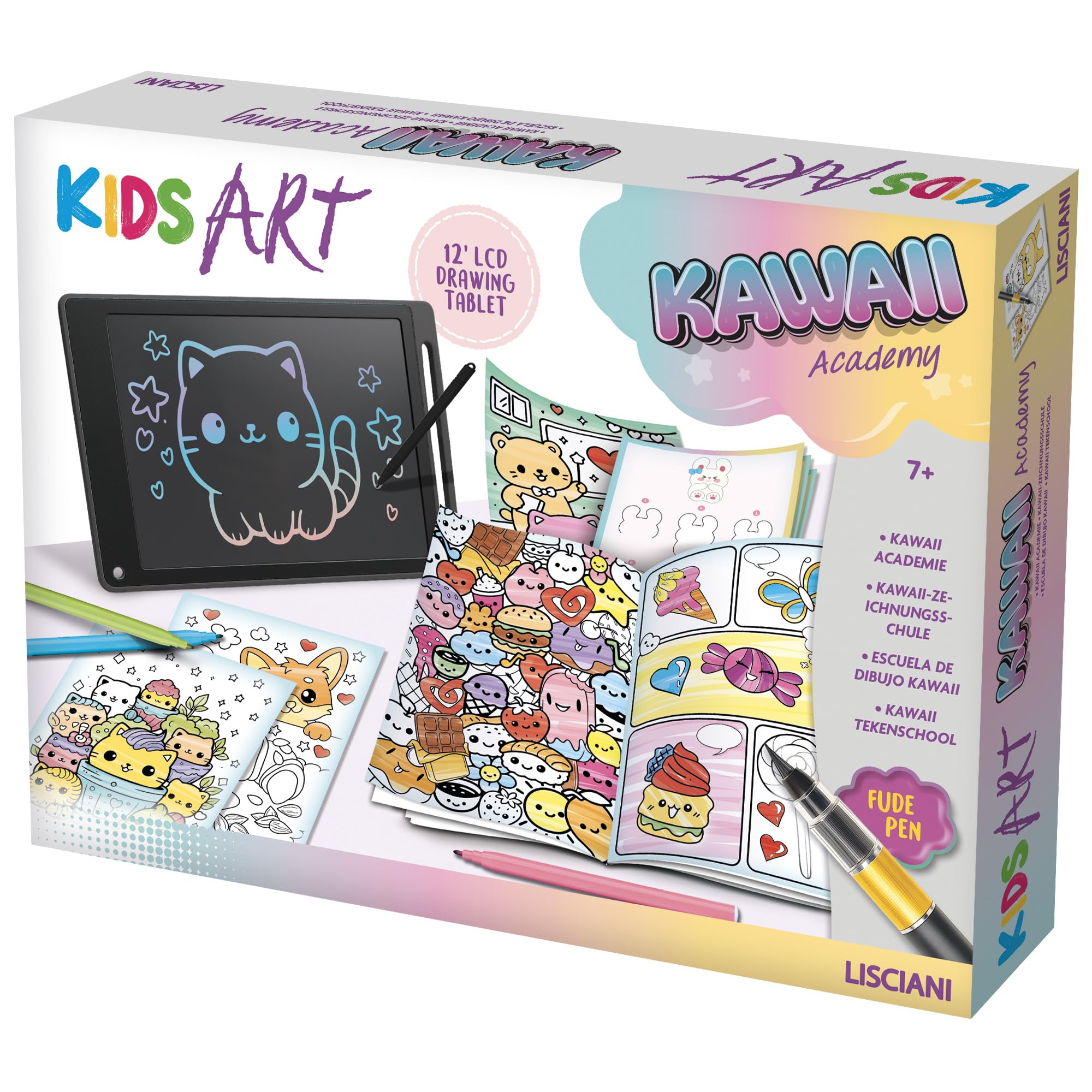 Lisciani - Kids Art Kawaii Academy - Kit Dessin pour Enfants dès 7 Ans - Apprendre à Dessiner Style Kawaii - Tablette LCD 12 Pouces et Stylo Fude - Guide Étape par Étape avec Cahier Illustrations