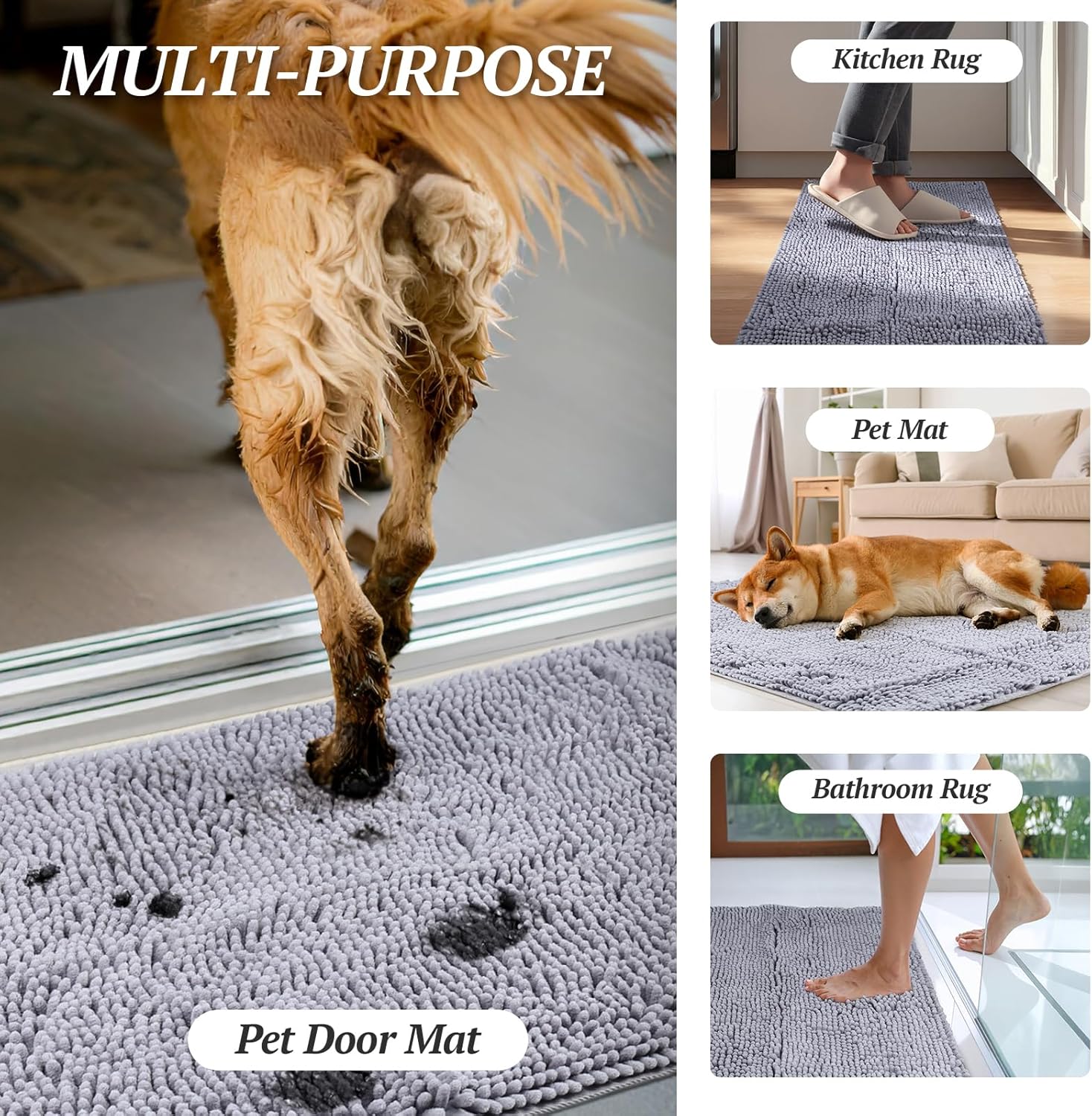 VIVAGLORY Dog Door Mat Absorpmax Dog Rug for Muddy Paw, Mat for Muddy Paw Door Indoor Floor Entryway, Waterproof Washable & Water Absorbent Dirt Trapper, 35" × 25", Grey