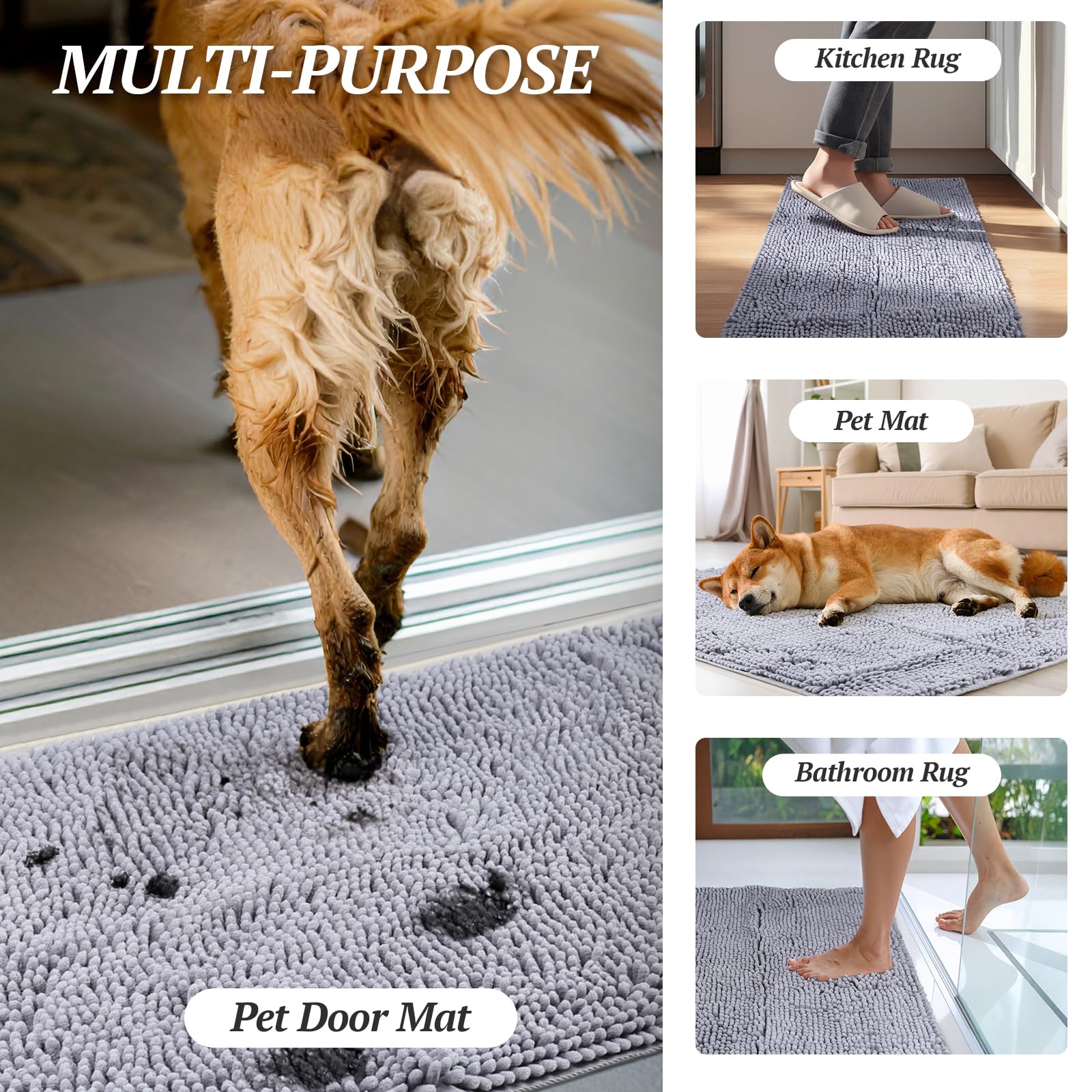 VIVAGLORY Schmutzfangmatte Hund Absorpmax Cleany Mat Hund, Hundeteppich Schmutzmatte Fußmatte, Waschbar Wasserdicht rutschfest Schlammige Saugfähige Chenille Fußmatte, 90cm × 64cm, Braun