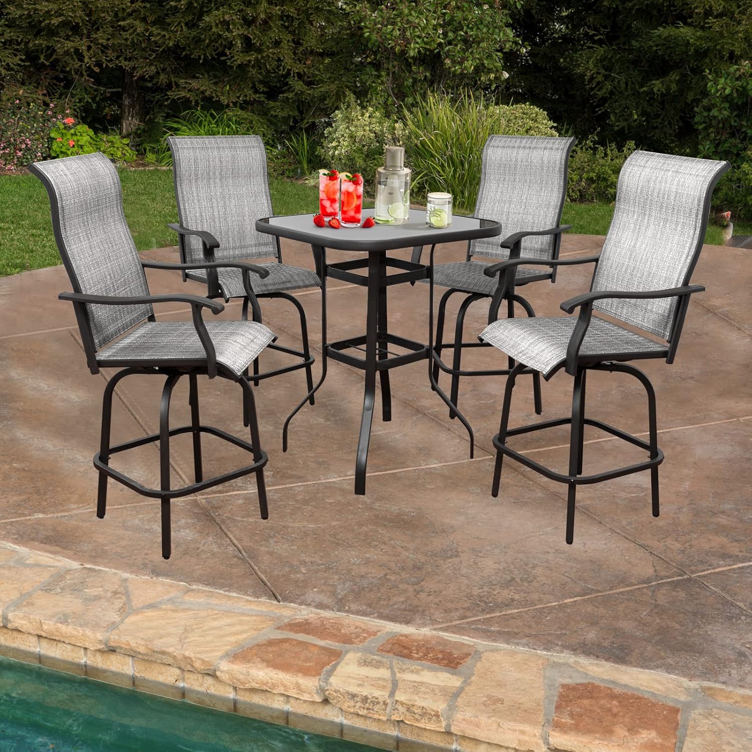 5 Pcs Outdoor Patio Swivel Bar Stools Set, 4 Bar Stools and High Top Table with Umbrella Hole, Textilene Bar Height Table and Chairs Set, All-Weather Patio Bistro Set Furniture (Gray-nopadded) : Patio, Lawn & Garden