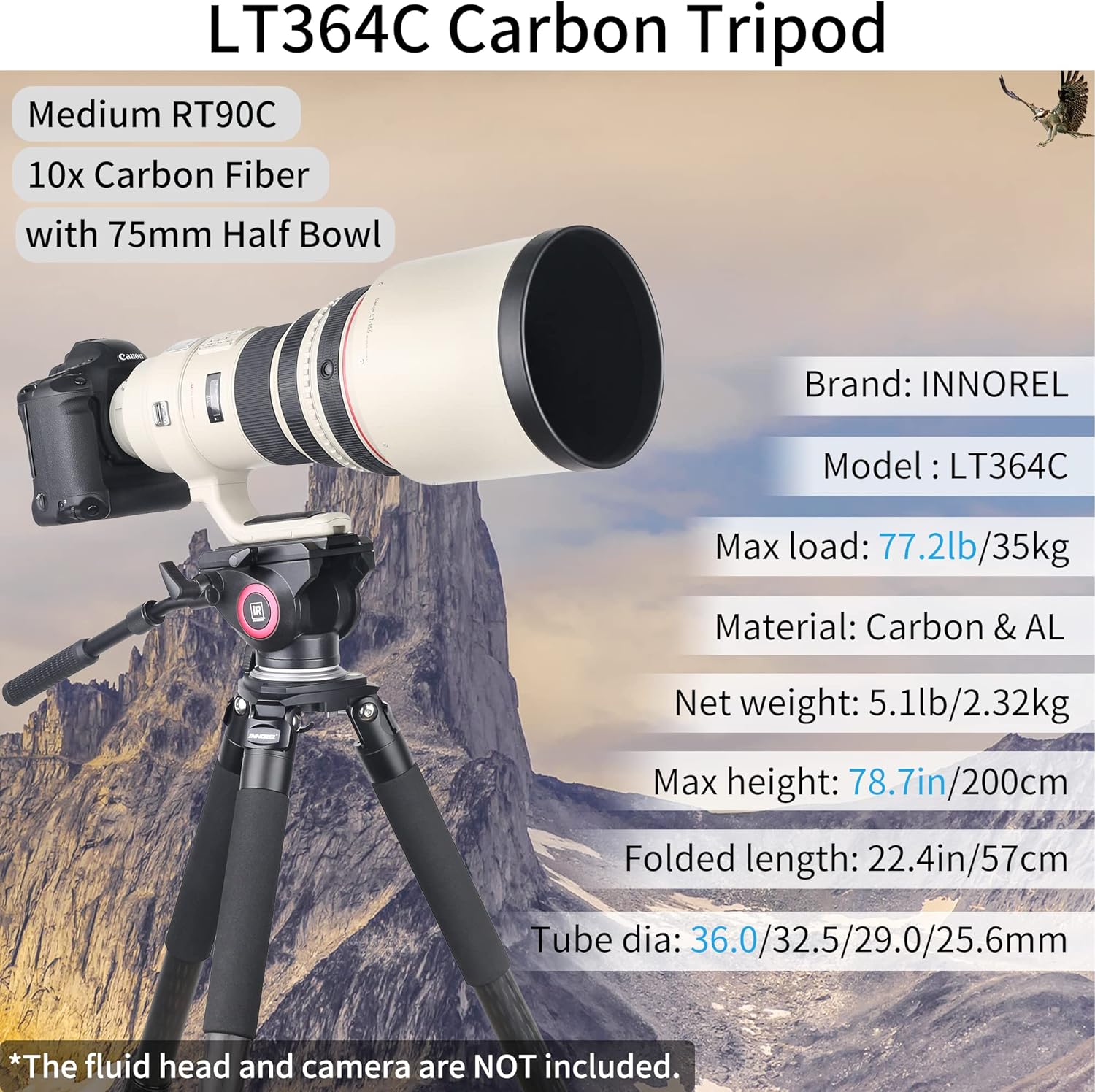 Carbon Fiber Tripod-LT364C-Small Size RT90C Professional Heavy Duty Tripods Stable Compact Stand for Video Camera Bird Photography DSLR 36mm Tube 77.2lb/35kg Load, No Mid-Column Black