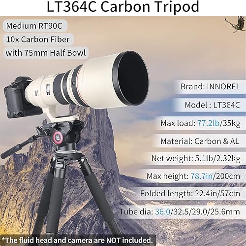 Miniatura 2 de Trípode de fibra de carbono-LT364C-RT90C - Trípodes profesionales resistentes y estables para cámara de video, fotografía de pájaros, DSLR, tubo de