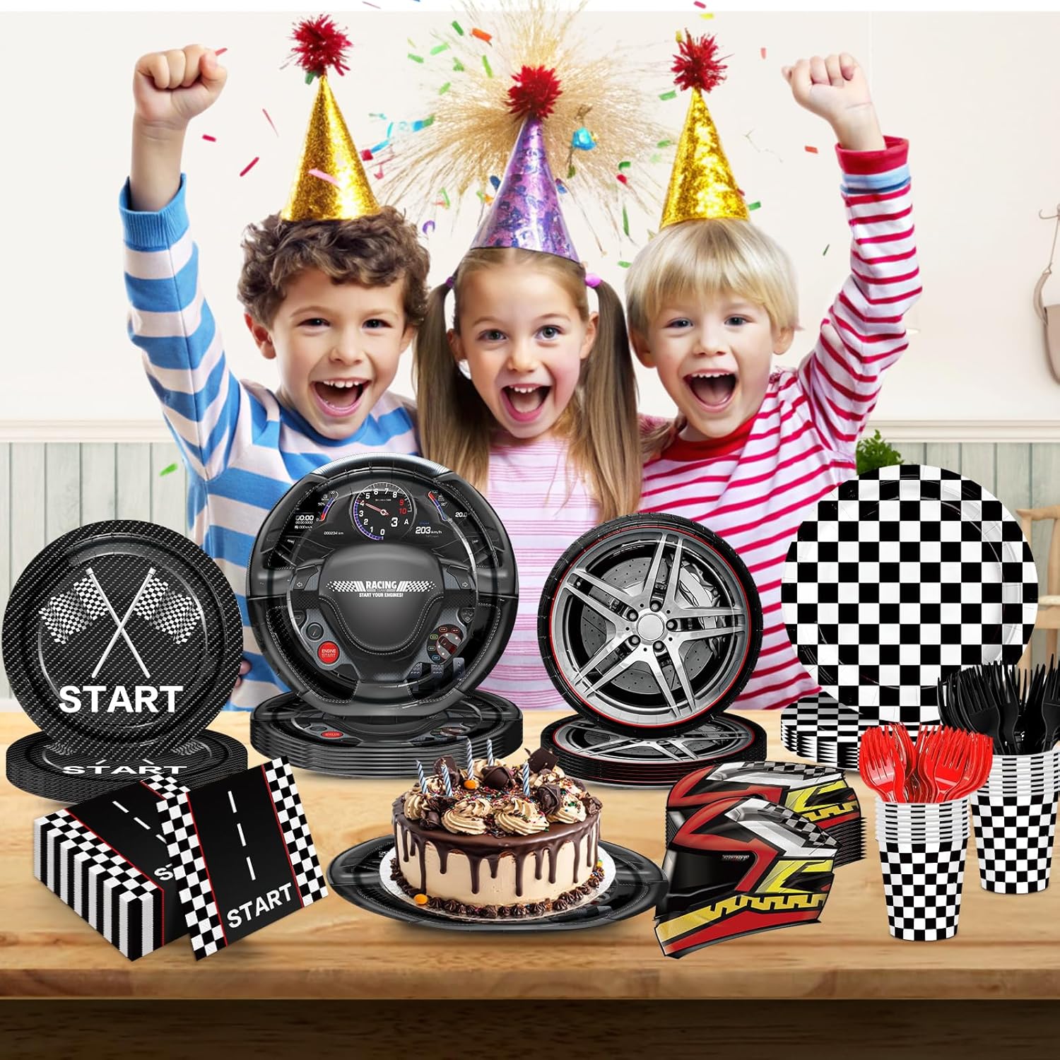 144pcs Race Car Plates Napkins Party Supplies Racing Themed Paper Cups Race Car Birthday Party Decorations Racing Tableware Set for kids Boys Birthday Decor Serves 24 - Image 4