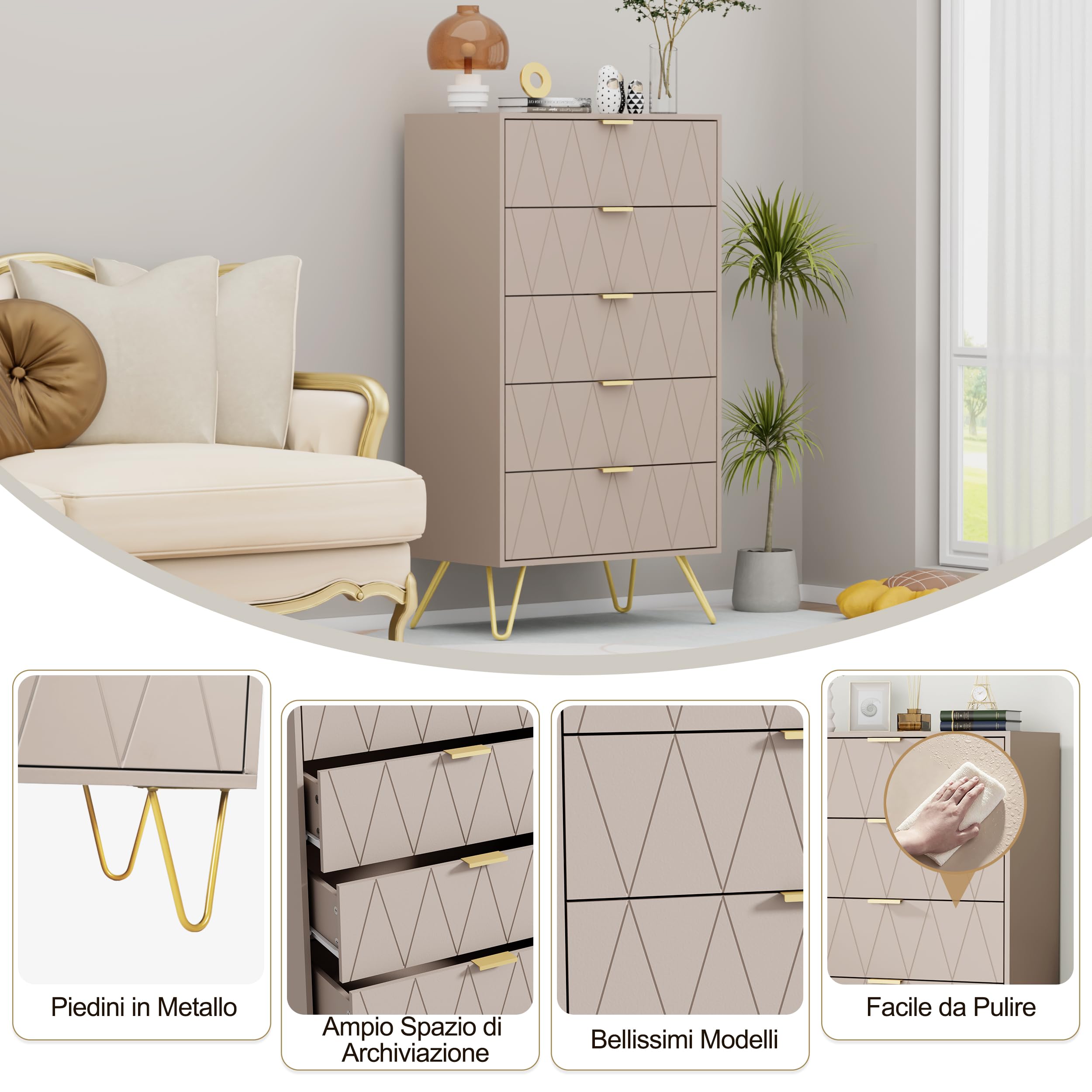 UEV Cassettiera a 5 Cassetti con Motivo a Linea, 60x34x110cm, Beige Moca