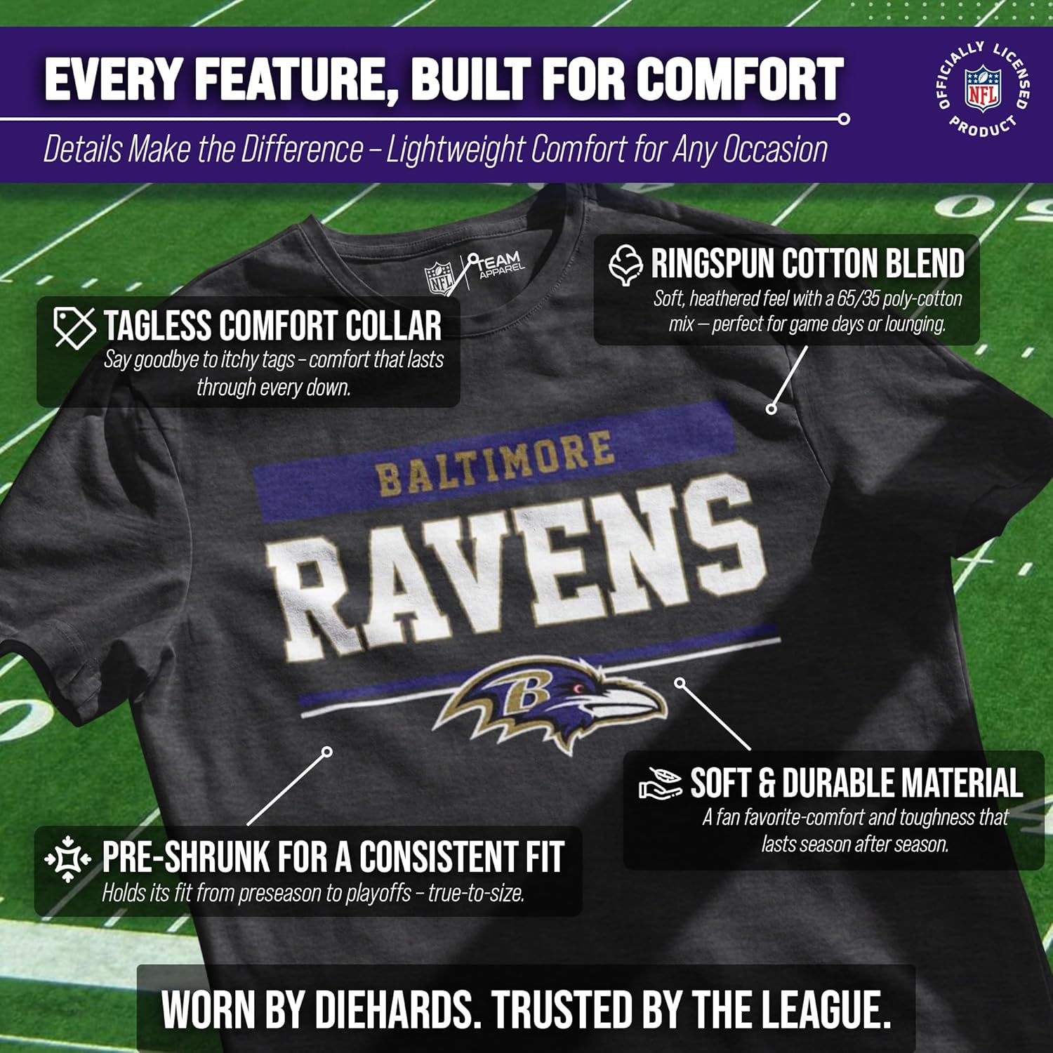Team Fan Apparel NFL Adult Team Block Tagless T-Shirt - Cotton Blend - Charcoal - Perfect for Game Day - Comfort and Style