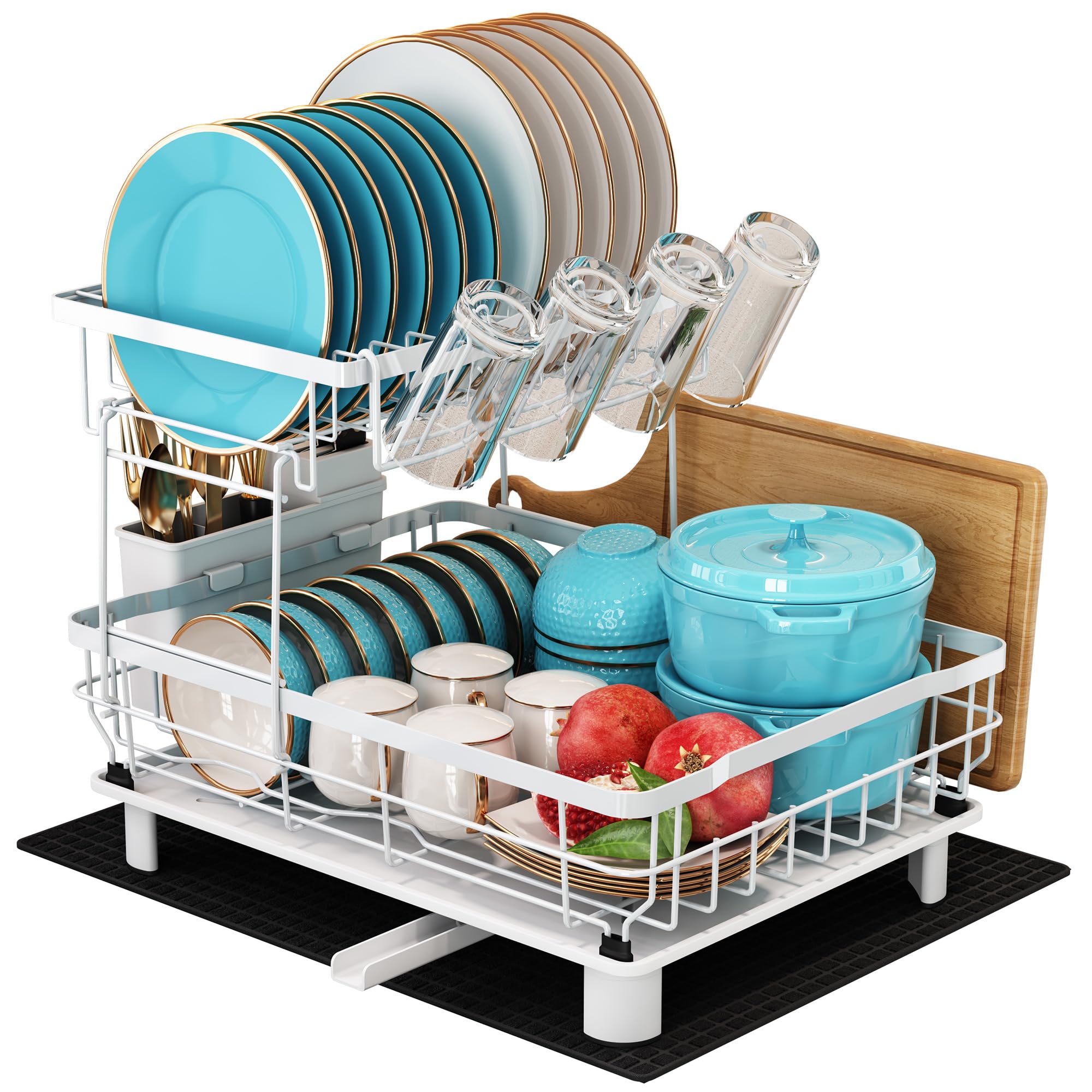 MAJALiS Egouttoir Vaisselle, Egouttoir Vaisselle Cuisine INOX avec Porte-Gobelets et Porte-Ustensiles, égouttoir à vaisselleavec Vidange Automatique et Tapis de Séchage, 2 Niveaux, Blanc