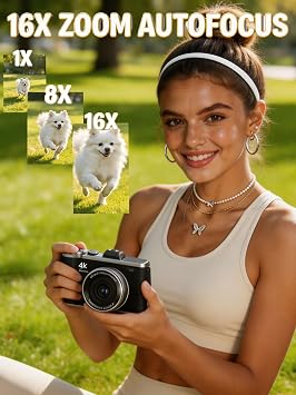 Digital Camera, 64MP CCD Camera with 180° Flip Screen & Flash, Point and Shoot Camera, WiFi Vlogging Camera with 16X Zoom, FHD 1080P Compact Camera Gift,Black