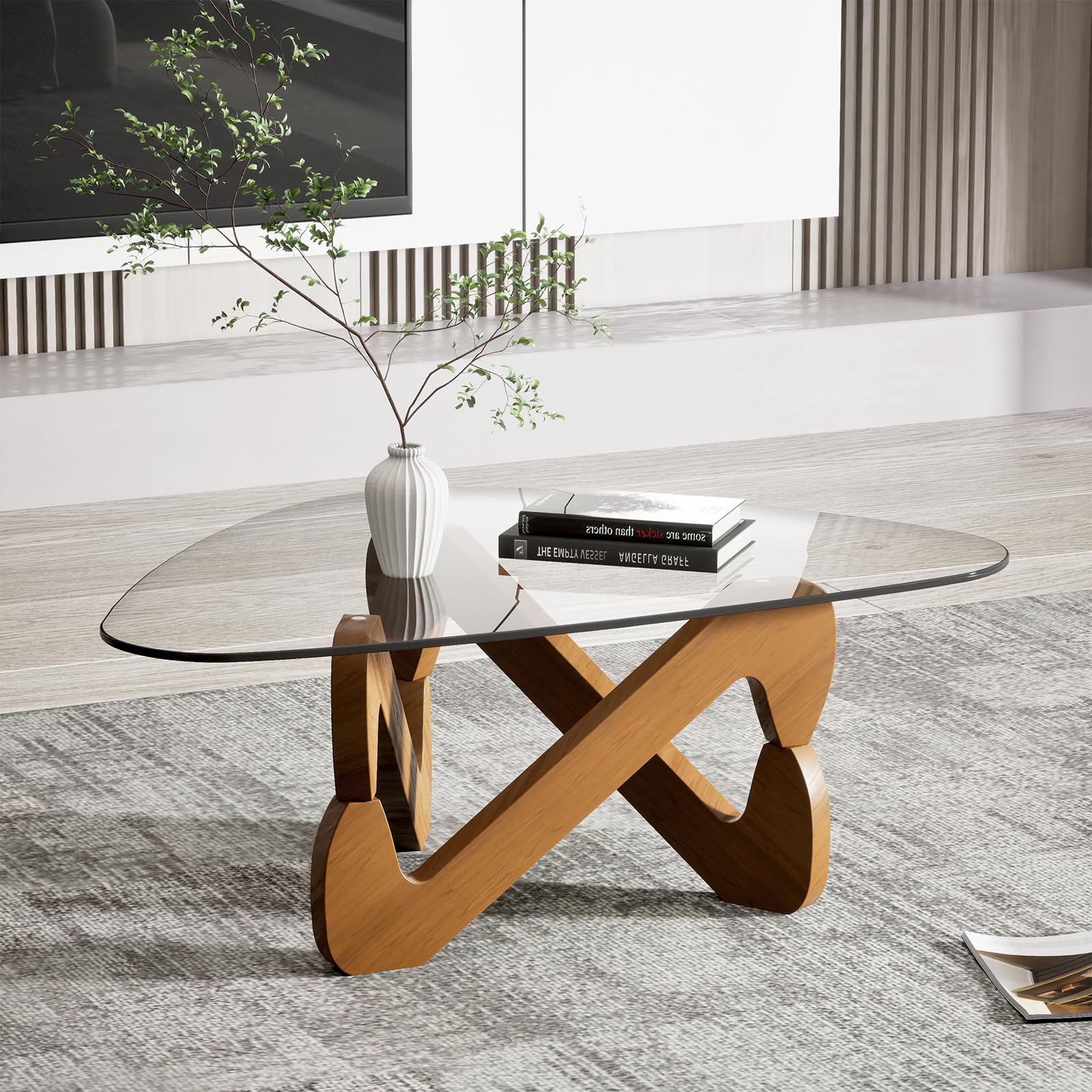 TWSOUL Mesa de Centro Triangular de Vidrio Templado de 82 cm con Base de Madera, Mesa Moderna de salón Elegante para Sala de Estar (Transparente)