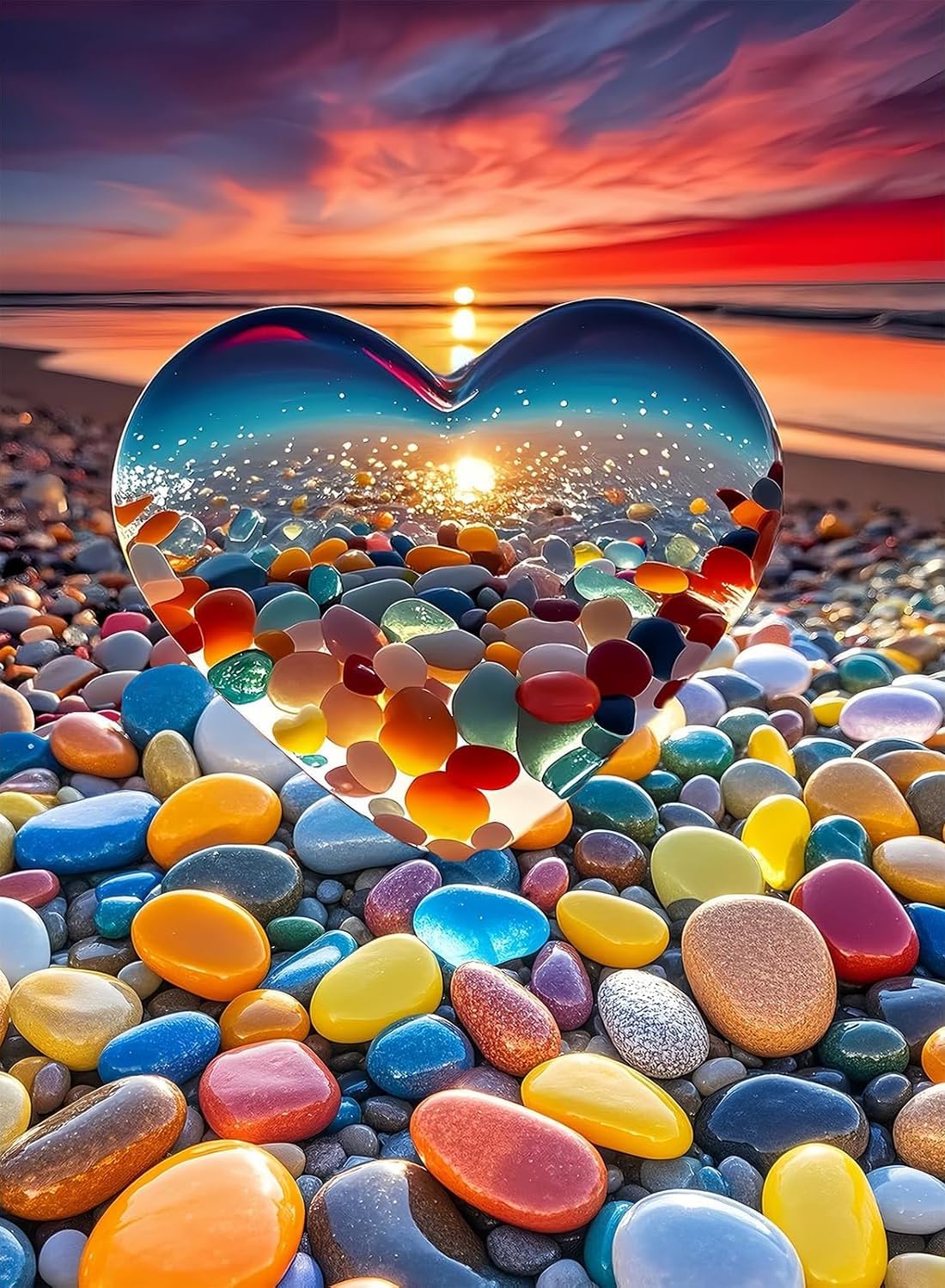 Diamond Art Kits for Adults Beginner, Heart-Shaped Sunset Beach DIY Modern Diamond Painting Kits 5D Diamond Dots Gem Art Crafts with Tools,Round Full Drill Crafts for Home Wall Decor&Gift-12x16in