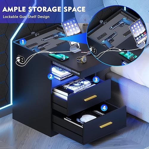 Miniatura 4 de Gurexl Juego de 2 mesitas de noche con estación de carga, mesa auxiliar con compartimento secreto para armas, moderna mesita de noche con sensor