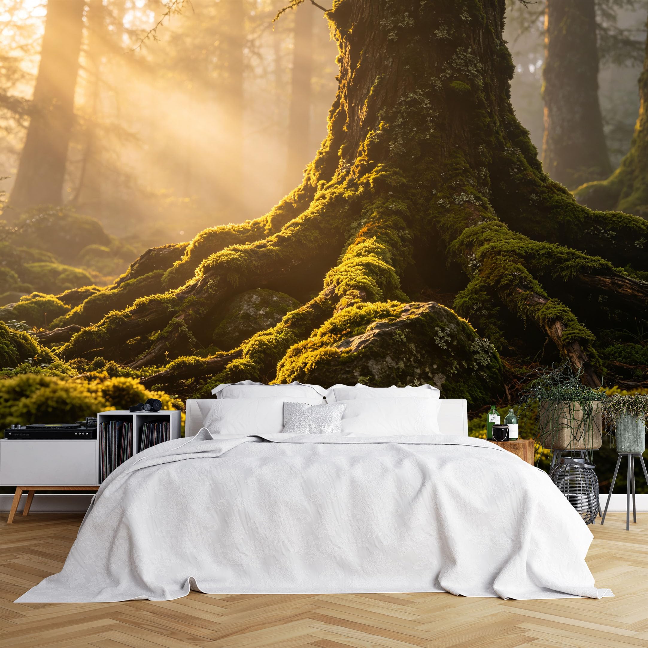 Custom Size Wall Murals Sunlit Forest Floor with Mossy Tree Roots Wall Murals Nature Landscape Wallpaper, Realistic Self-Adhesive Removable Wallpaper for Bedroom Study