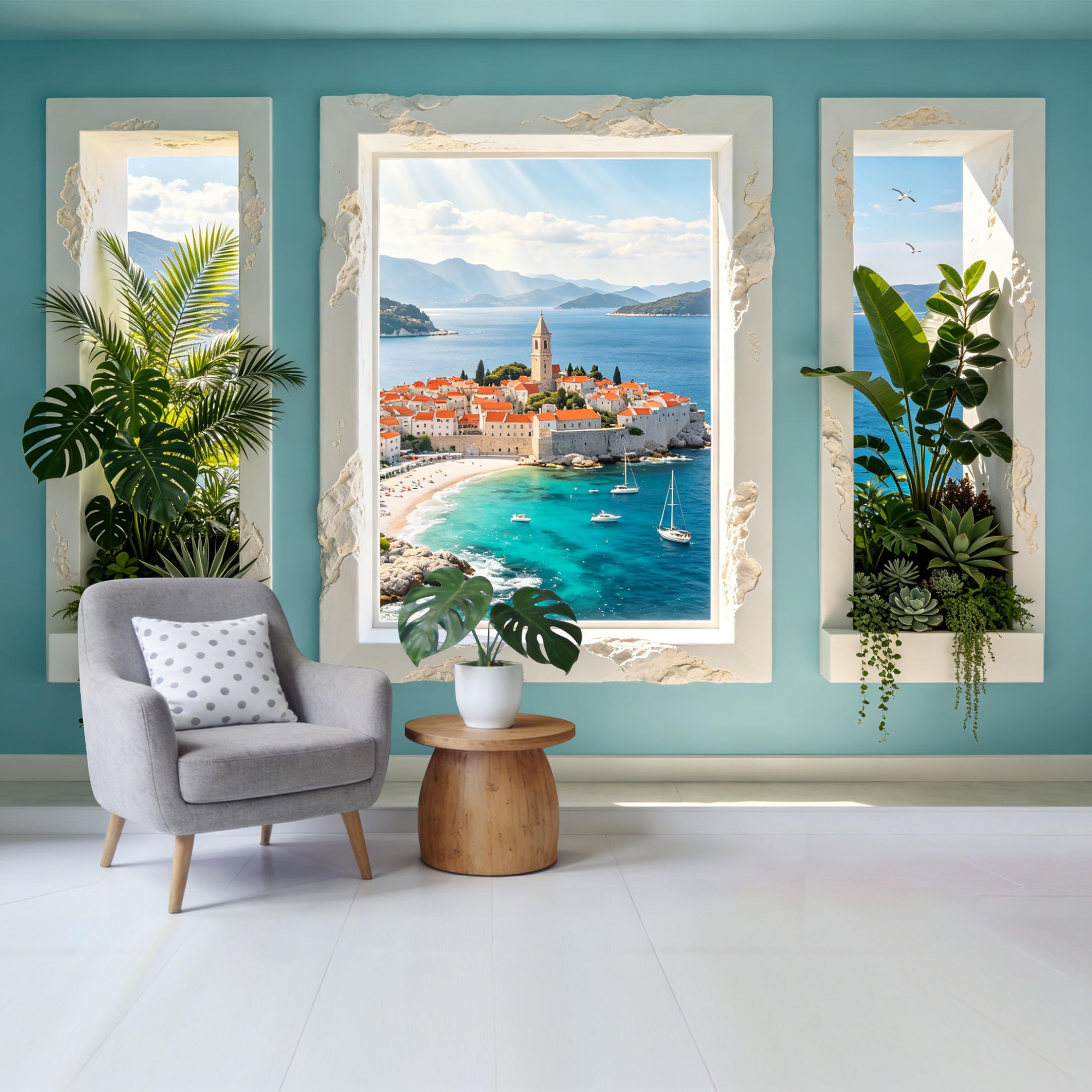 Custom Size Wall Mural Coastal Mediterranean Seaside Village View Through Window Tropical Plants Ocean Landscape Removable Self Adhesive Fabric Home Wall Decor for Living Room Bedroom